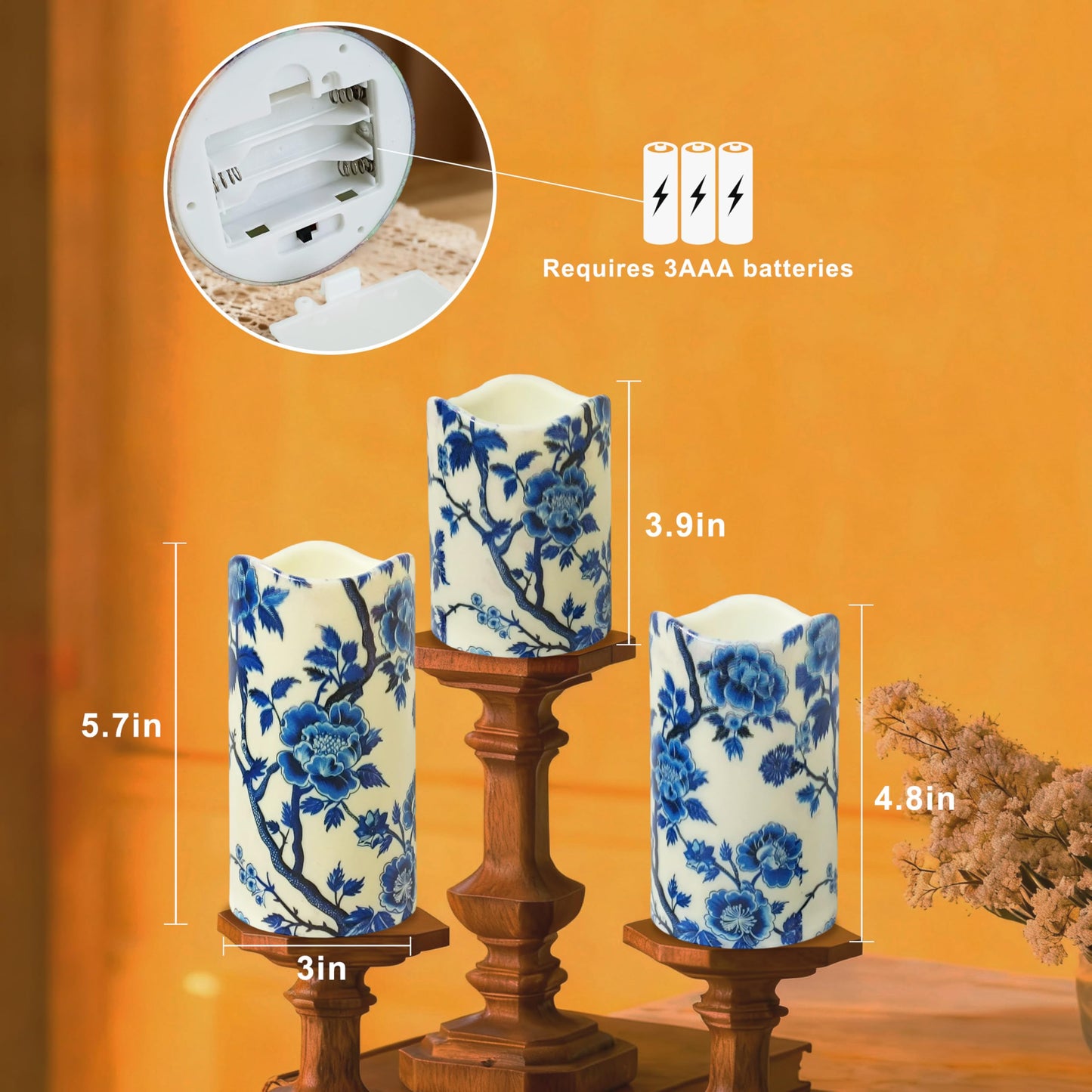 NjaoHoo Flameless Candles 4" 5" 6" Set of 3 Indoor Outdoor Pillars Battery Operated Flickering Candles Include 10-Key Remote Timer Function 500+ Hours (Blue Floral Printed)