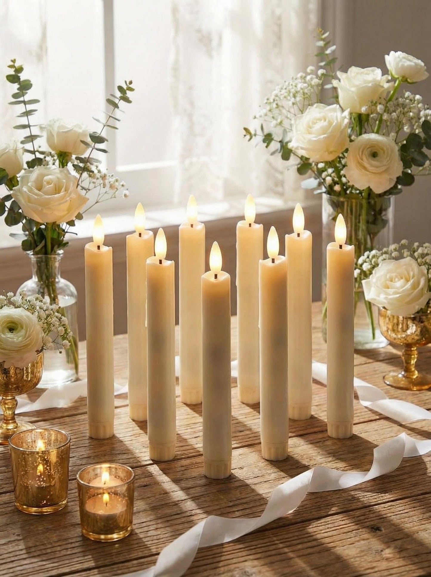 Funtery 24 Pieces 6.5" Flameless LED Taper Candles with Remote Timer Battery Operated Candles Bulk Short LED Candlestick Flickering for Graduation Father's Day Wedding Party Decor(Ivory,Classic Style)