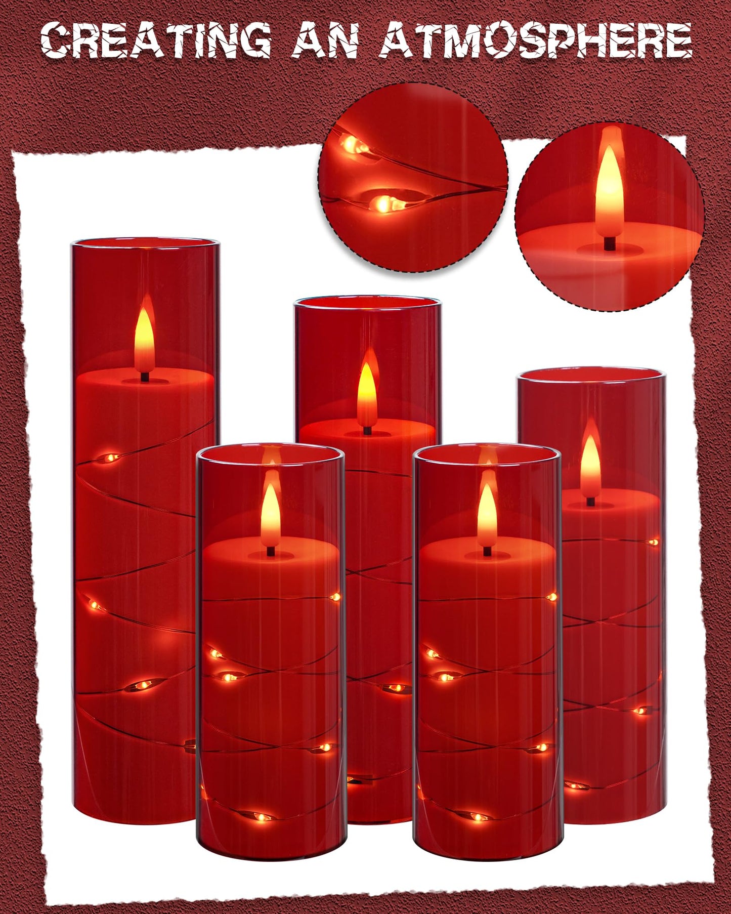 Da by 5 Pack Red Transparent Acrylic Flameless Taper Candles, Flickering Black Wick LED Candles with Copper Wire Lights, Heat Resistant ABS Candles with Remote for Indoor Outdoor Decor