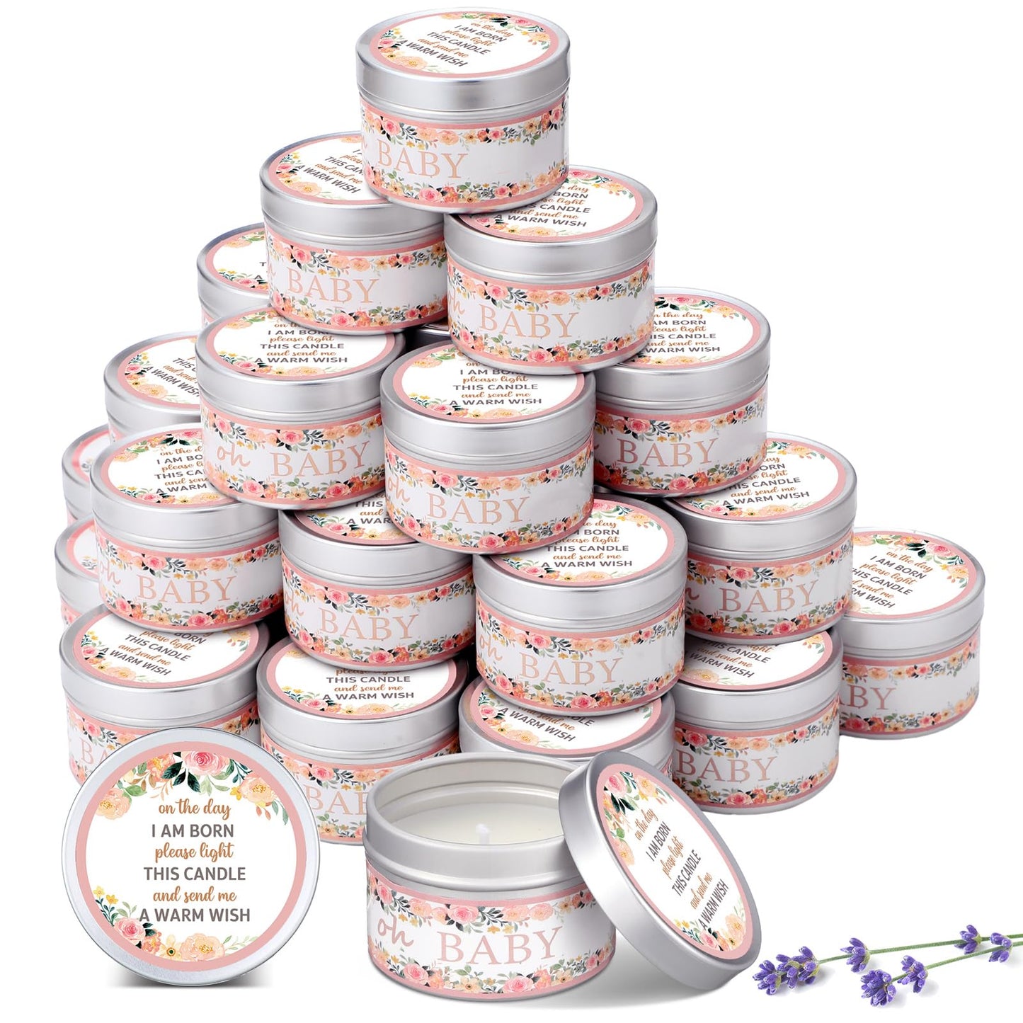 MTLEE 24 Pcs Flowers Baby Shower Party Favors Candles Lavender Scented Baby Shower Favors for Guests Rustic Tealights Candles Gender Reveal Return Gifts (1.2 oz, Pink)