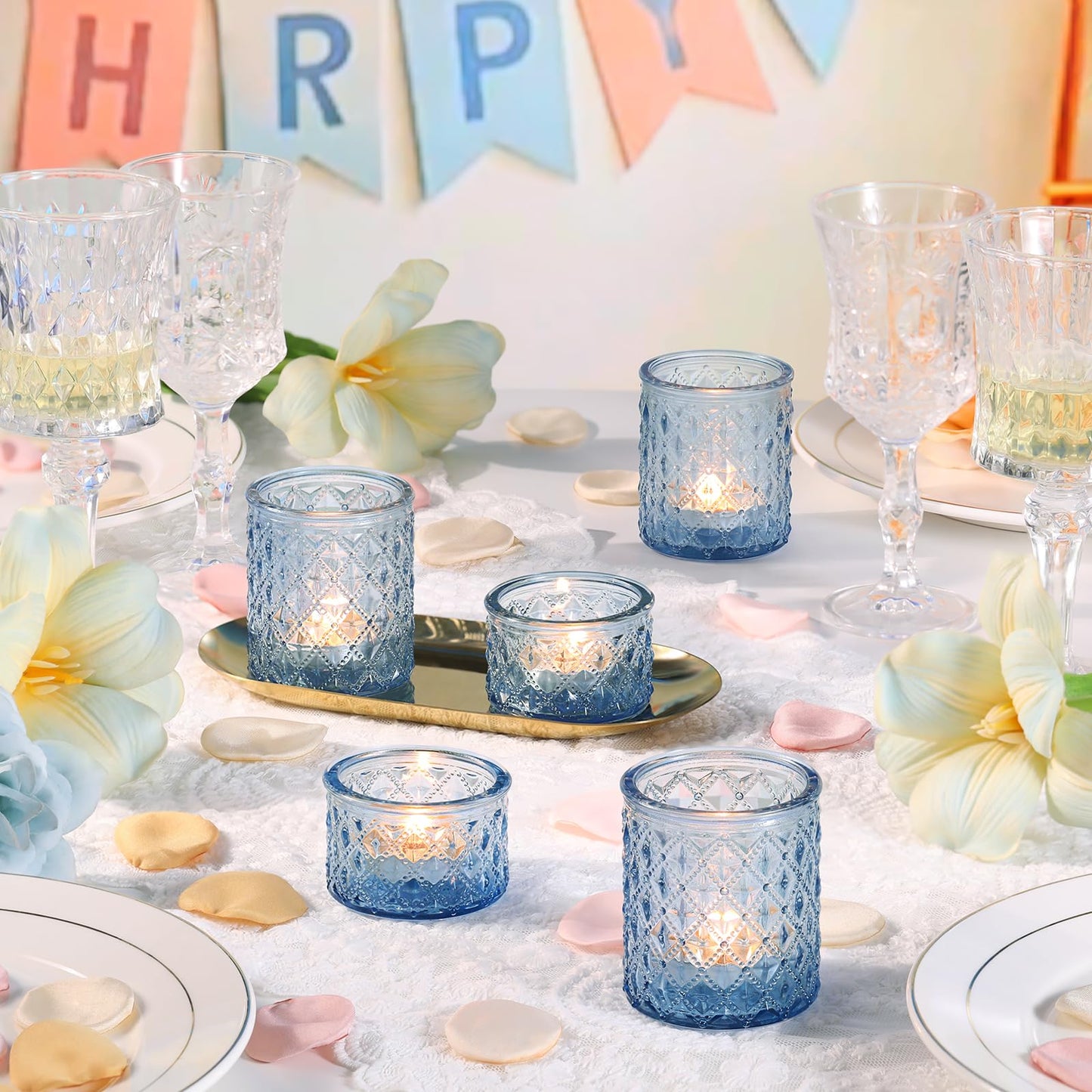 MATAHUM 20 Pcs Blue Tealight Candle Holders,Glass Votive Candle Holders Bulk, 2 Sizes for Wedding Centerpieces, Beach Theme Bridal Shower, Baby Boy Shower, and Birthday Party Decor