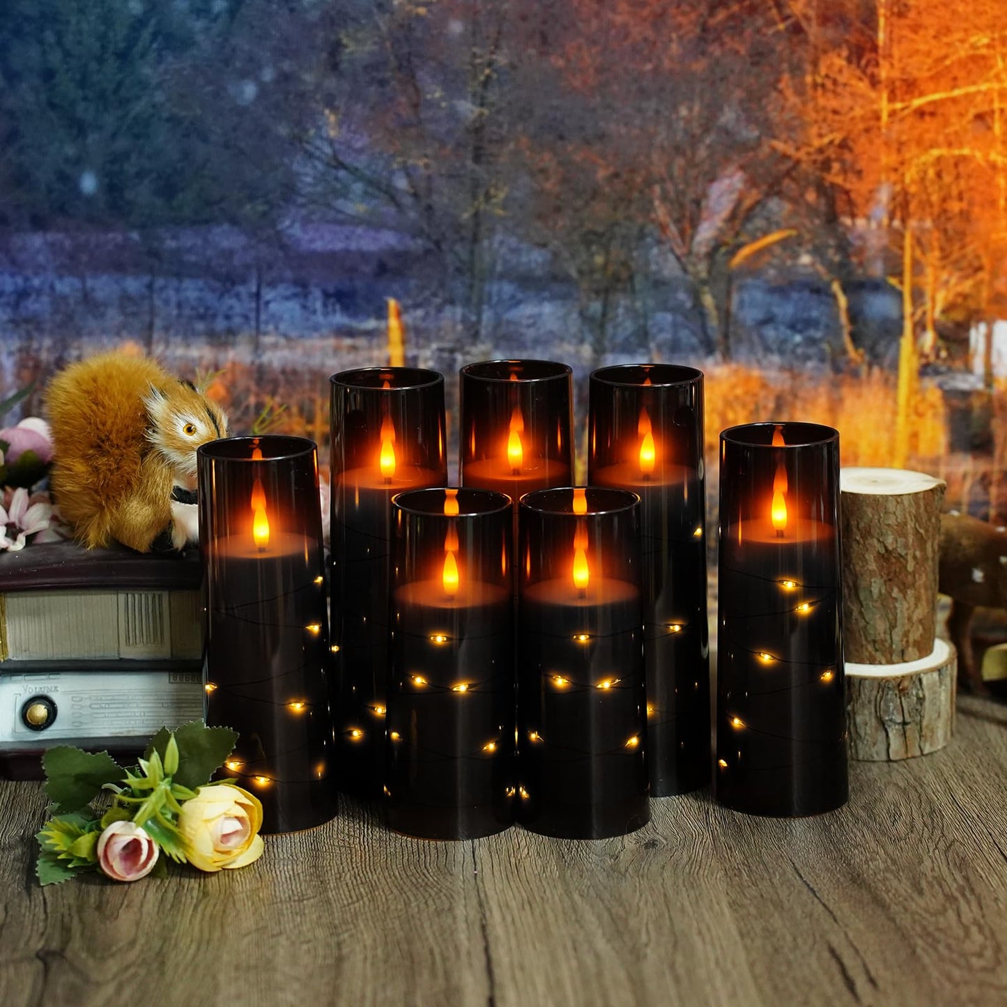 Flameless Candles,with Embedded Star String, Battery Operated Candles Flickering LED Pillar Candles with Remote Control and Timer, Home Decoration Add a Warm and Romantic Atmosphere，Set of 7 (Black)