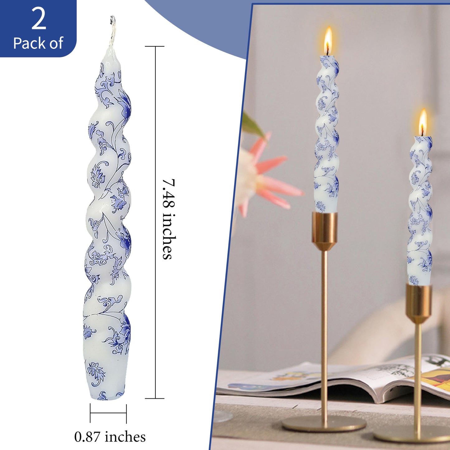 Spiral Candles Printed Candlestick 7.5 inch Short Taper Candle Blue &White Twisted Candlesticks 2 PCS Tapered Candles for Home Wedding Dinner Holiday Party