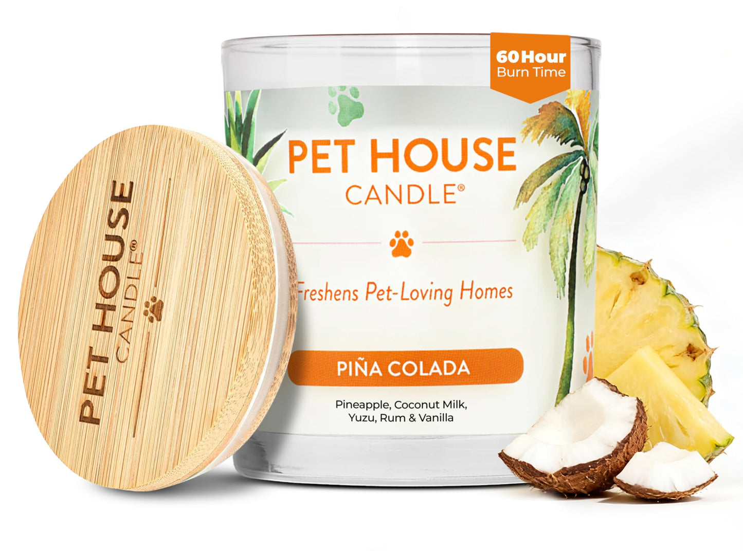 Pet House Candles, Long Lasting, Air Freshening, Pina Colada Scented Candle for Pet Odor, 60 Hour Burn Time 9 OZ