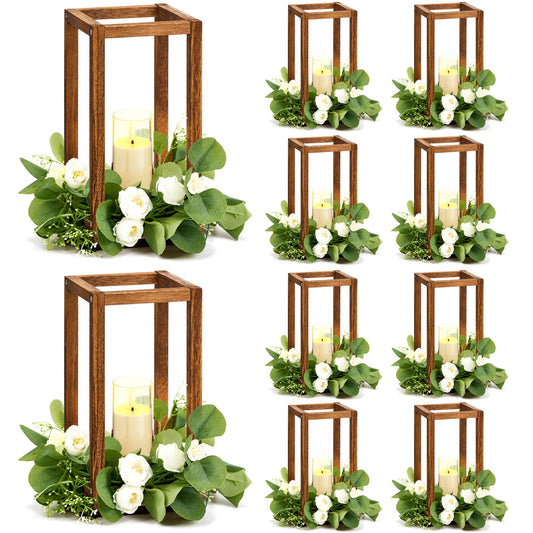 Sabary 5 Sets/ 10 Pcs Wooden Lantern Candle Holders with Candles for Wedding Decoration Vintage Table Centerpiece Farmhouse Rustic Candle Lantern for Indoor Fireplace Dining Party Decor (Caramel)