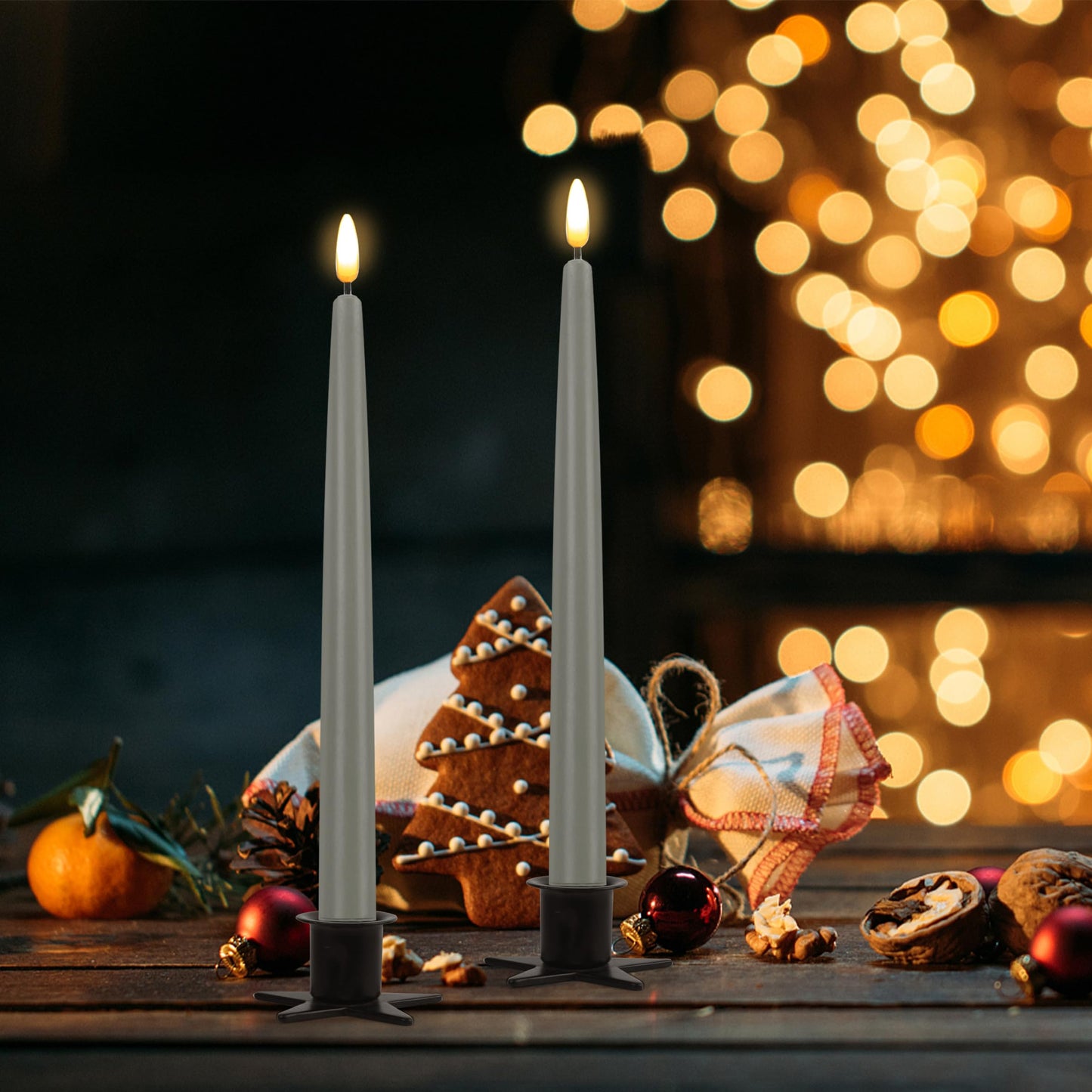 CVHOMEDECO. Flameless Taper Candles with 10-Key Remote, Battery Operated Led Flickering 3D Wick Window Candles Real Wax Finished Home Christmas Party Decor 0.78 x 11 Inch, Pack of 2, Grey