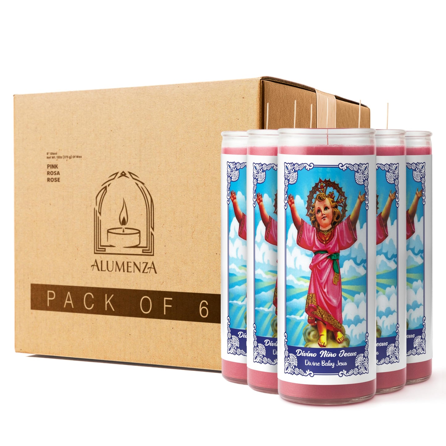 Alumenza 6 Pack Divino Níno Jesus Candle in Glass Jar 90 Hours – Paraffin Wax, Clean Burning Unscented | Large & Tall Devotional Prayer Pillar Candles for Home, Memorial, Rituals
