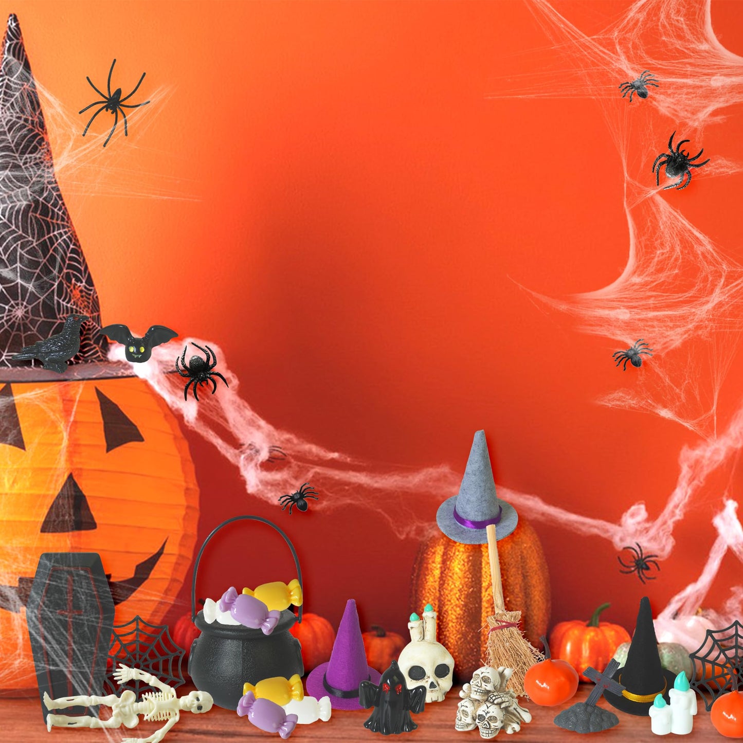 ZXSWEET Halloween Village Ornaments Accessories Desktop Decorations Witch Hat Coffin Skeleton Spider Pumpkin for Halloween Party Tabletop Decoration Supplies