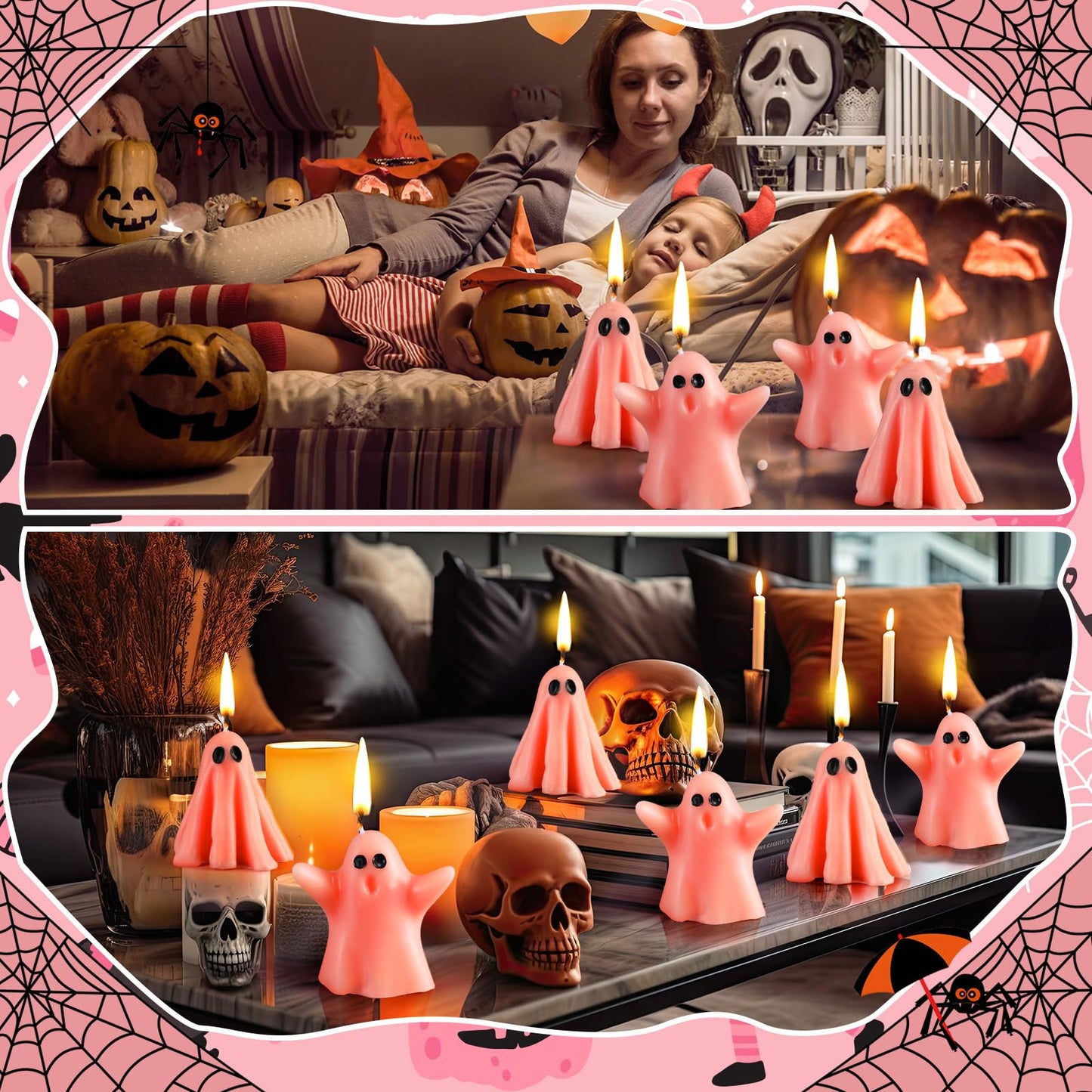 Conelist 6 Pieces Halloween Large Ghost Candles White Spooky Scented Halloween Candles Horror Gifts Candle Tea Lights Goth Room Decor for Summer Dining Table Party Bedroom(Pink Style,Pink)