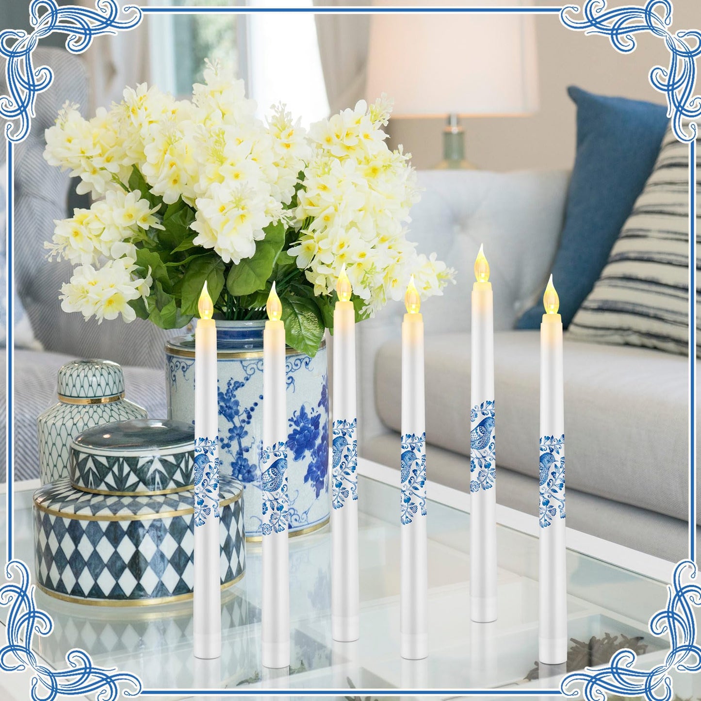 Conelist 6 Pcs Chinoiserie Flameless Candles 10 Inch Blue and White Candles Battery Operated LED Candlesticks Chinoiserie Decor for Wedding Table Centerpiece Home Party Decor Gifts