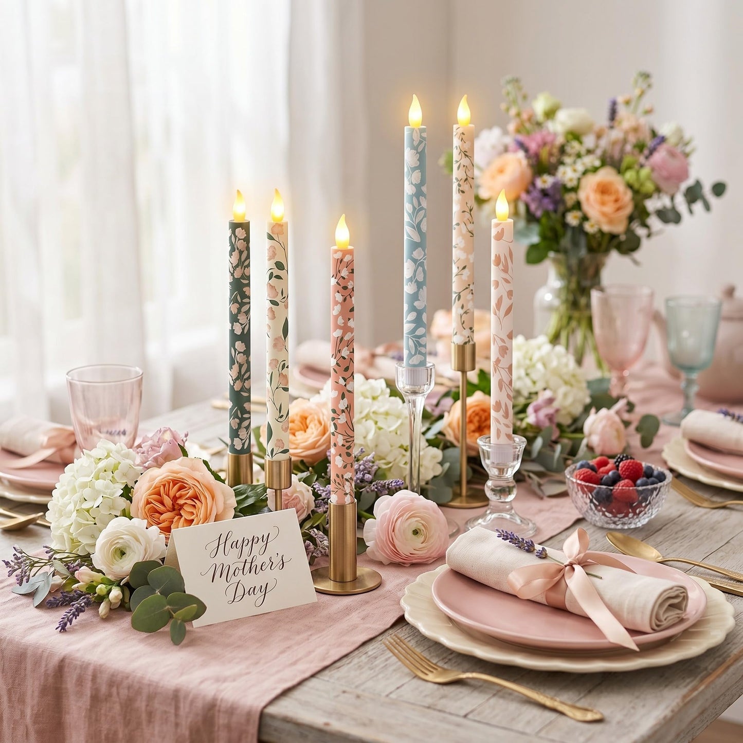 Honoson 6 Pcs Mother's Day Flameless Taper Candles 10.6 Inch Pastel Spring Flower Candles Battery Operated LED Candlesticks for Mother's Day Dinner Table Home Party Decor