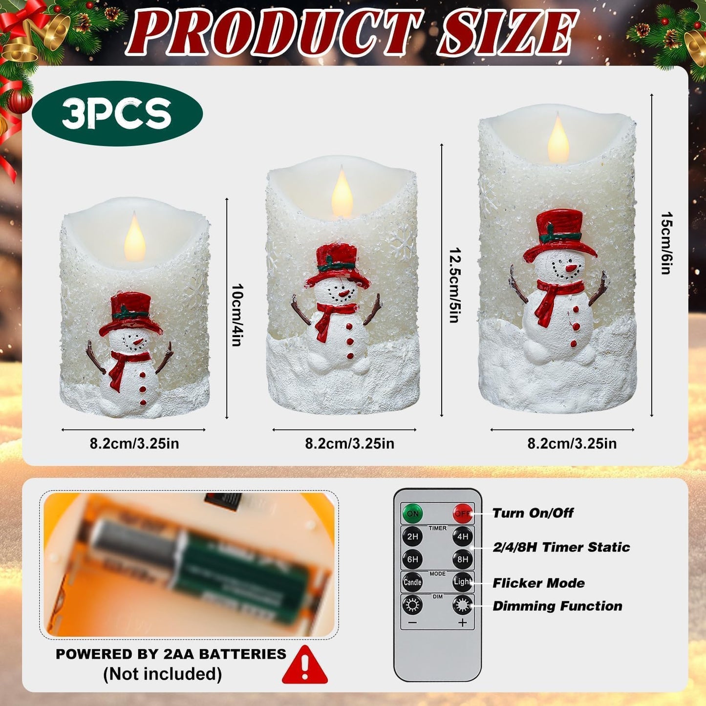 LCZLUMIPRO Snowman Flameless Candles with Remote & Timer - 3 Pcs Winter Battery Operated LED Pillar Candles, Real Wax Electric Candles in Warm White for Christmas Table, Mantel & Home Decor