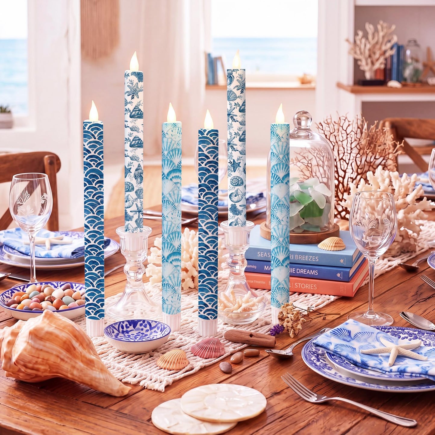 Lyrow 6 Pcs Summer Ocean Flameless Taper Candles with Beach Starfish Seashell 11 Inch LED Candles Flickering Battery Operated Candlesticks for Birthday Seaside Shower Party Summer Table Decor