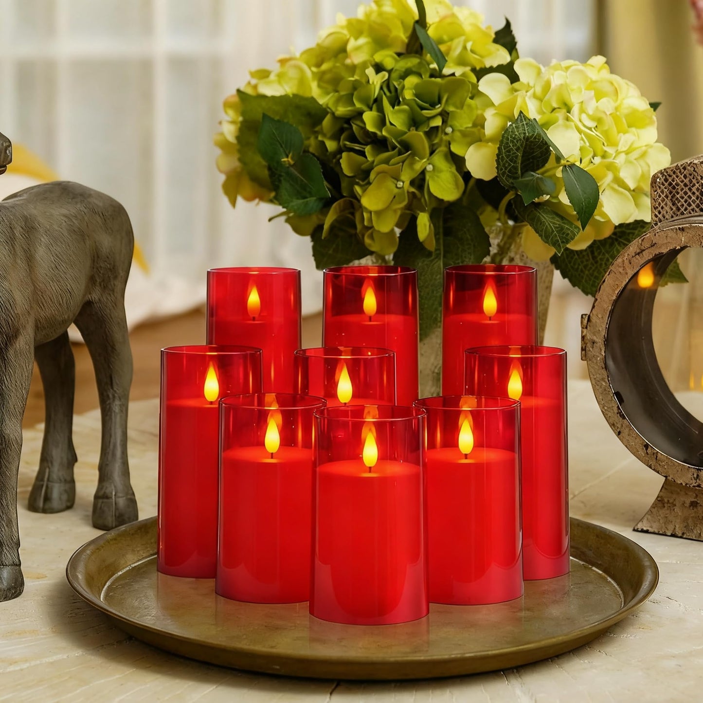 Homemory Christmas Red Flickering Flameless Candles, Battery Operated Acrylic LED Pillar Candles with Remote Control and Timer, Set of 9