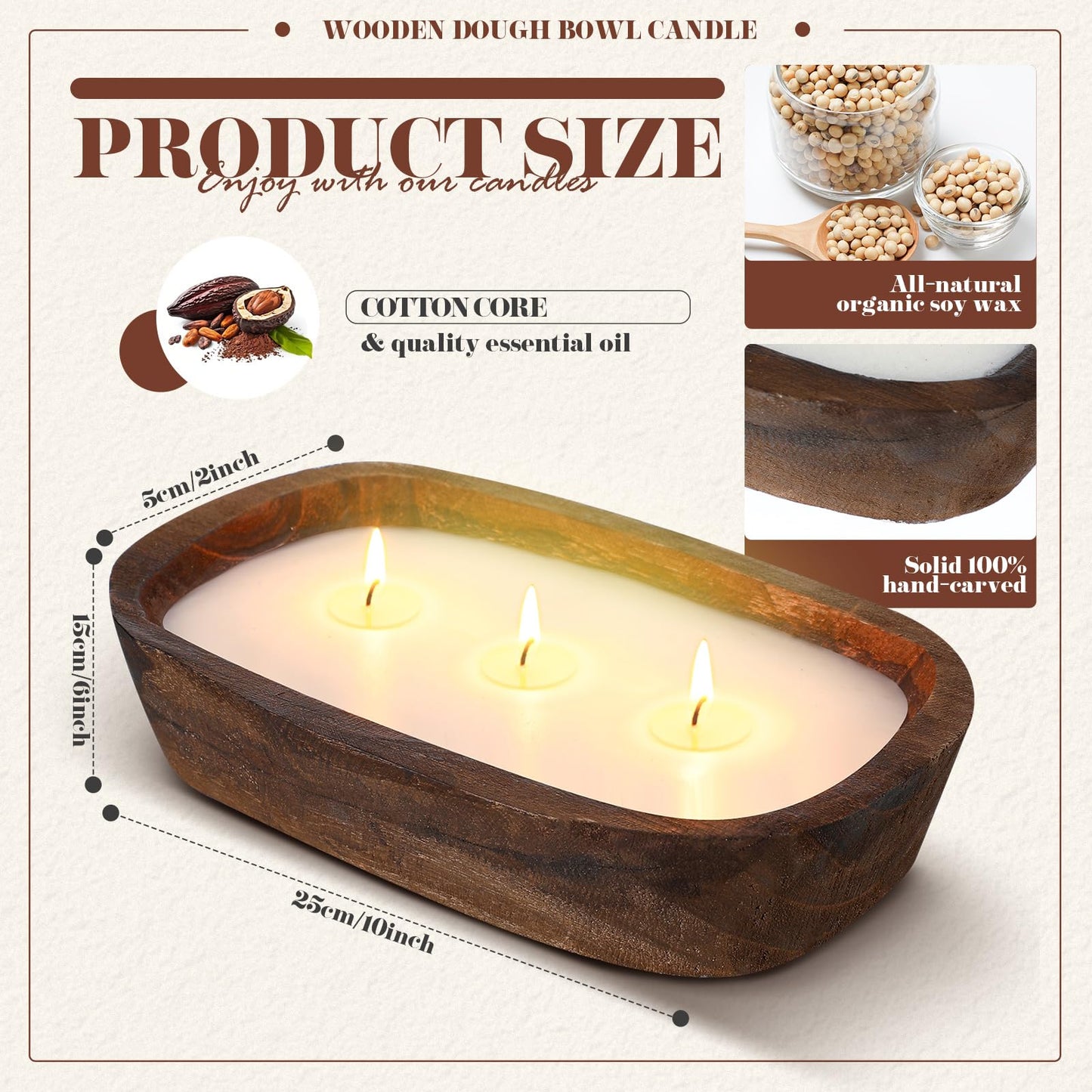 Threlaco 2 Pack Wood Dough Bowl Candle Jar Candle Decorative with Wick Scented Candles Soy Gifts for Men Women Farmhouse Table Centerpiece Home(Hot Cocoa)
