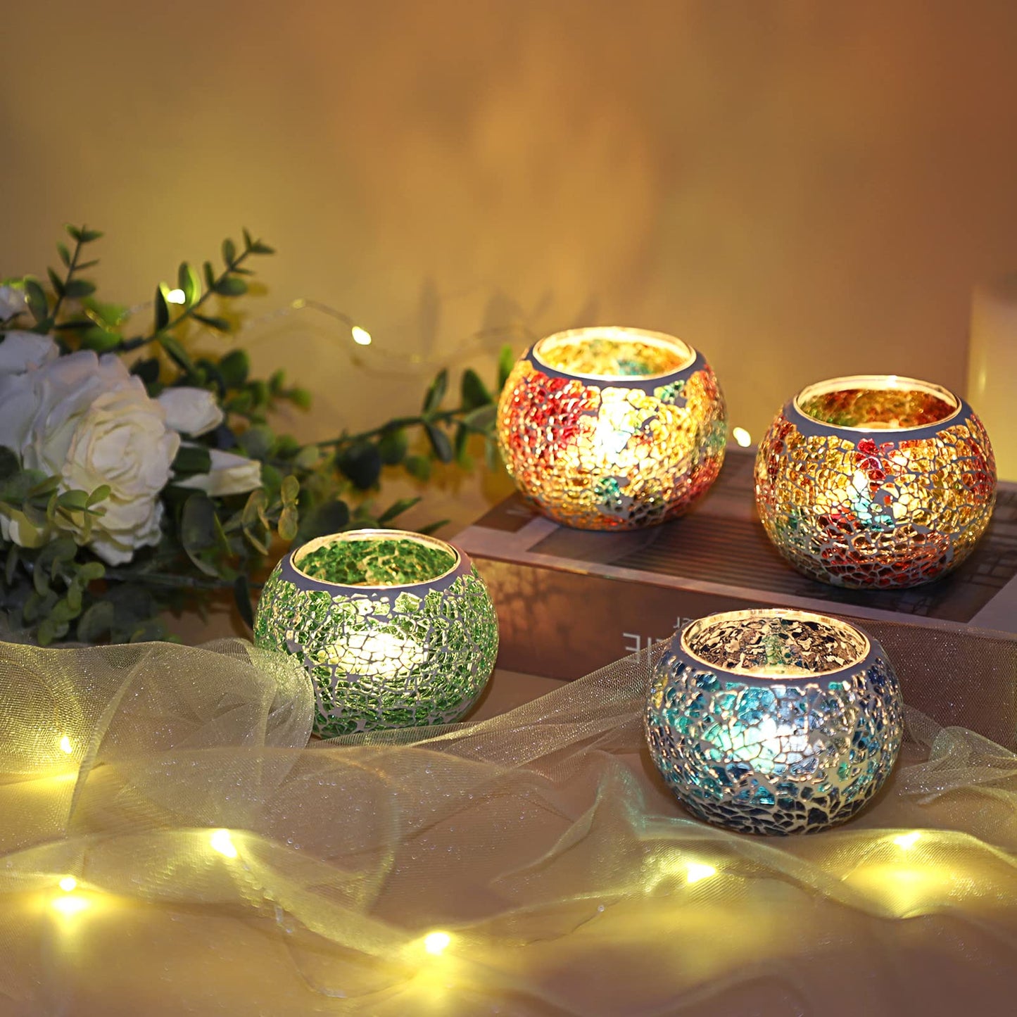 OwnMy 6PCS Mosaic Glass Tealight Holders: Round Votive Candle Holders & Stands for Table Centerpieces, Multicolor Glass Mosaic Tealight Holders, Small Potted Plant Bowl Candle Vases