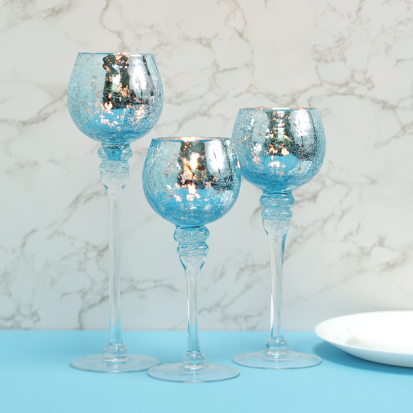 Hosley Elevate Ambiance with Set of 3 Crackle Blue Glass Tealight Holders 12 Inch, 10 Inch, 9 Inch Stylish Home Decor for Unique Candle Displays