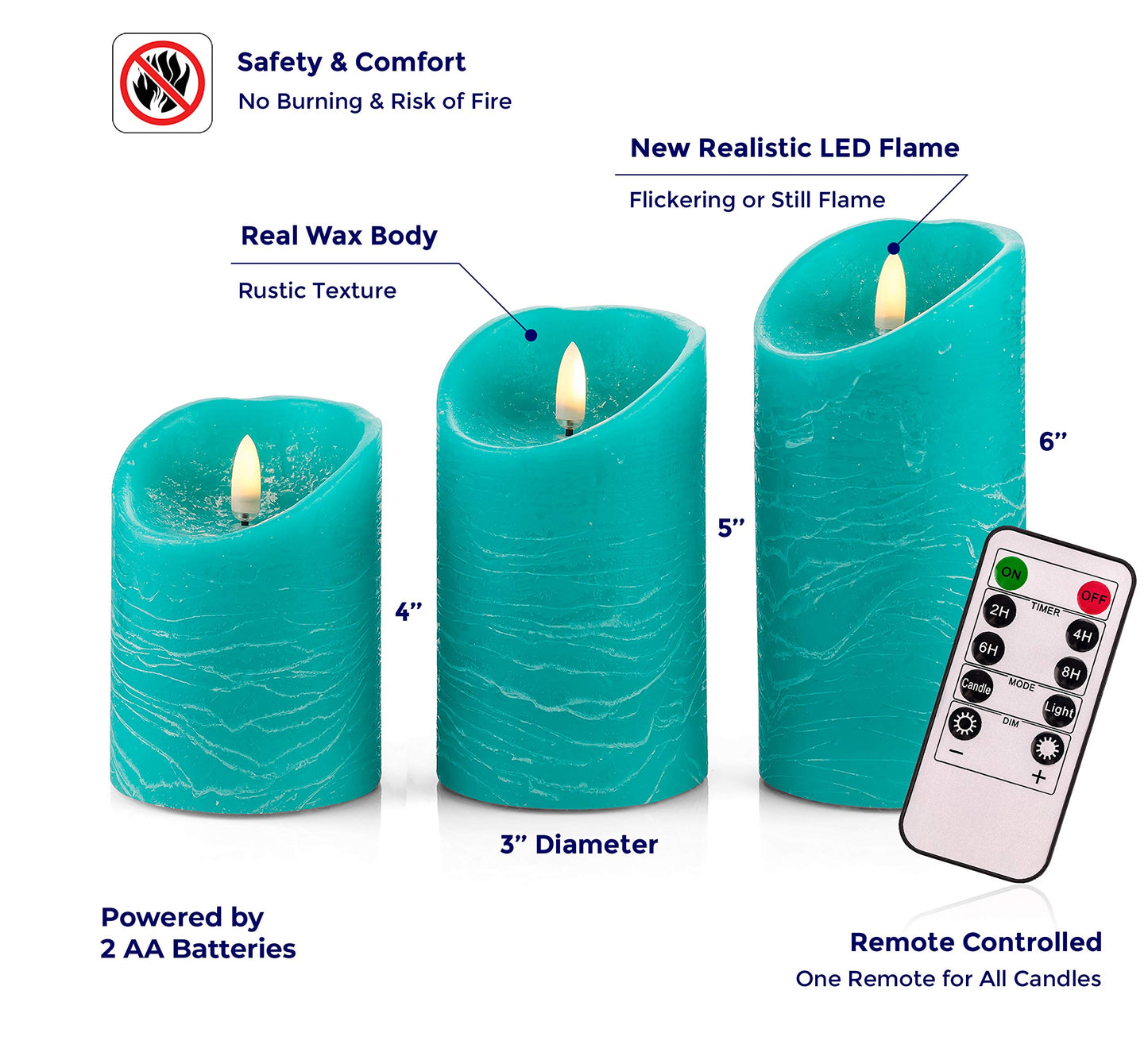 VENTA Turquoise Real Wax Flameless Candles, Set of 3 | Realistic Teal LED Pillar Candles with Remote & Timer | Perfect for Coastal, Beach House & Nautical Decor