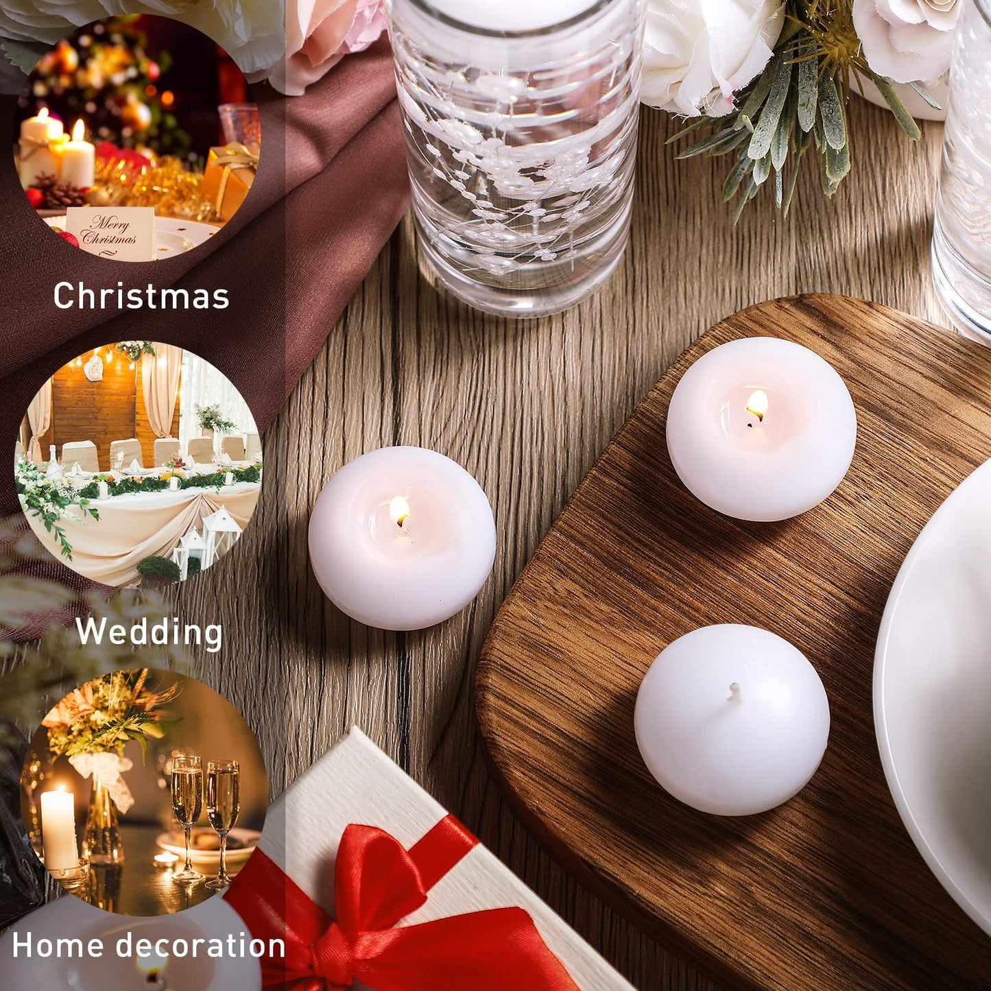 Nuanchu 12 Pieces 1. 65 Inch Floating Candles for Wedding Centerpiece, Small Unscented Floating Round Tealights Metallic Smooth Wax Disc Candles for Graduation Dinner Home Decor(White)