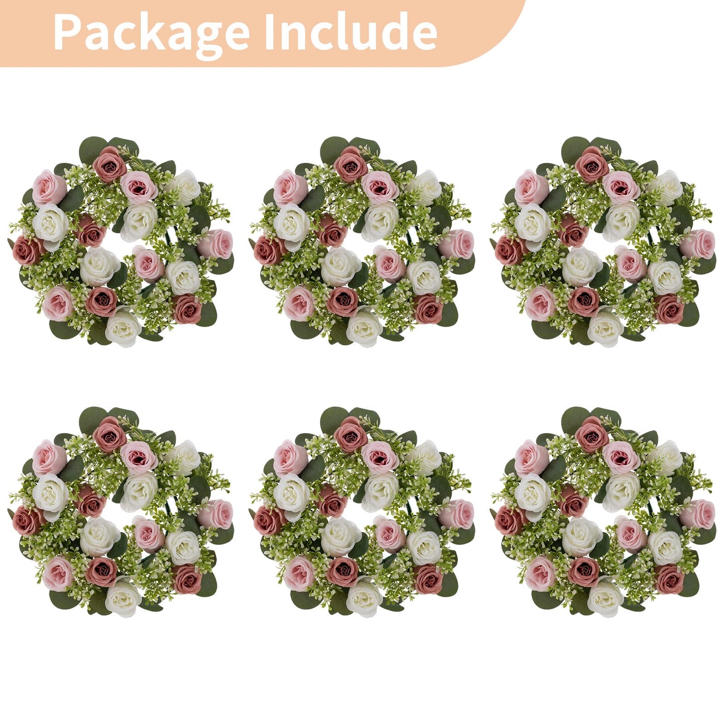 NUPTIO Flower Candle Rings for Centerpieces: 13.4 Inch Artificial Rose Wreath for Wedding Party Christmas - Dusty Rose & White Wreaths for Spring Summer Front Door Porch Table Decor 6 Pcs