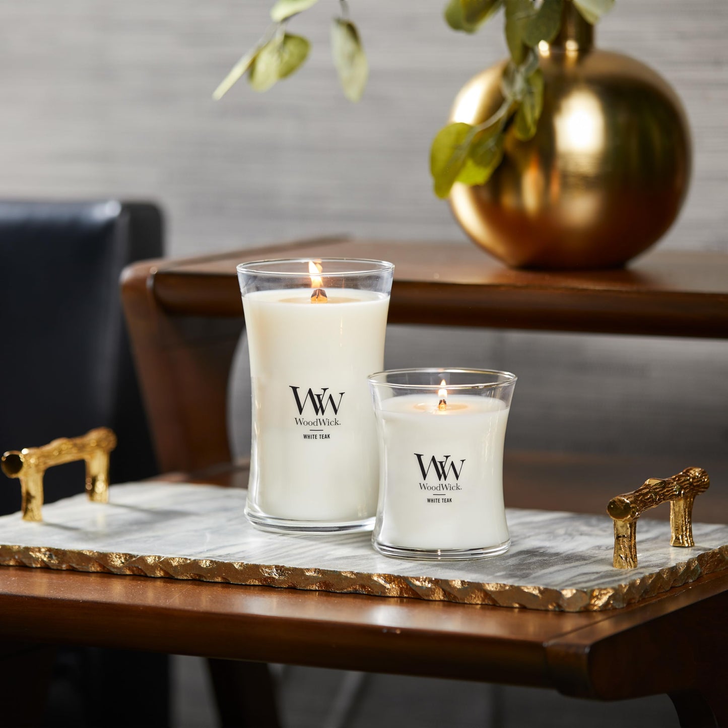 WoodWick Medium Hourglass Candle White Teak - Premium Soy Blend Wax Pluswick Innovation Wood Wick Made in USA