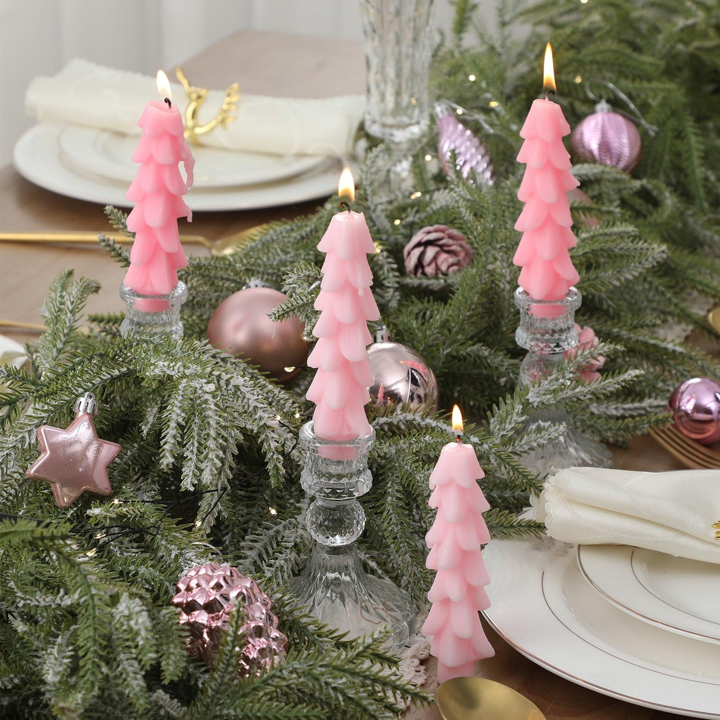 MTLEE 4 Pcs 5 Inch Christmas Tree Shaped Taper Candles Pink Xmas Holiday Candle Unscented Candlesticks for Christmas Party Room House Kitchen Decor Wedding Decorations Gift