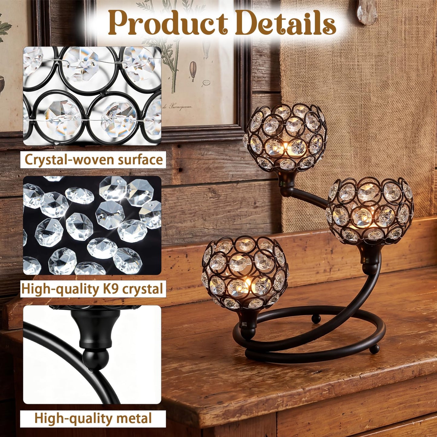 KEHAIL Metal Crystal Candle Holder Set of 2 - Elegant 3-Arm Metal Tea Light Centerpiece with Shining Crystal Bowl, Wedding Anniversary Table Decor for Dining, Party (Black, 2 Pcs 3 Arm)