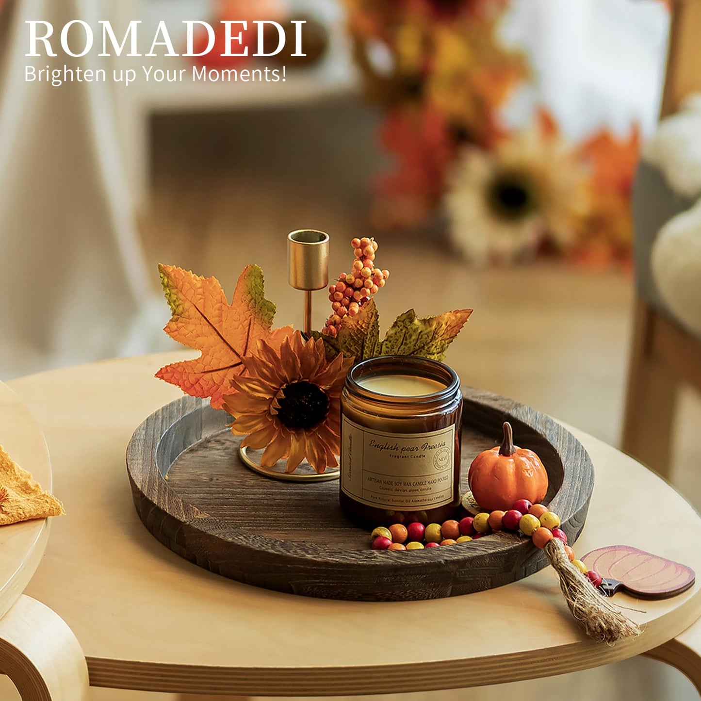 Romadedi Farmhouse Wooden Candle Tray - 11 Inch Round Decorative Trays for Coffee Table Dining Centerpiece Kitchen Counter Candle Holder Wood Trays for Christmas Rustic Home Decor