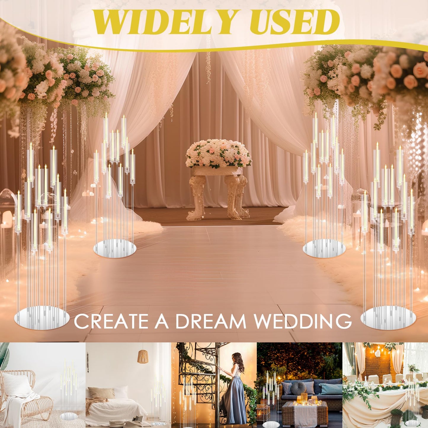 Tessco 4 Pcs 10 Arm 46.5 Acrylic Candelabra Table Centerpiece Floor Candelabras Clear Candle Holder with Removable Lampshade Wedding Candelabra Centerpiece Fit 0.8 LED