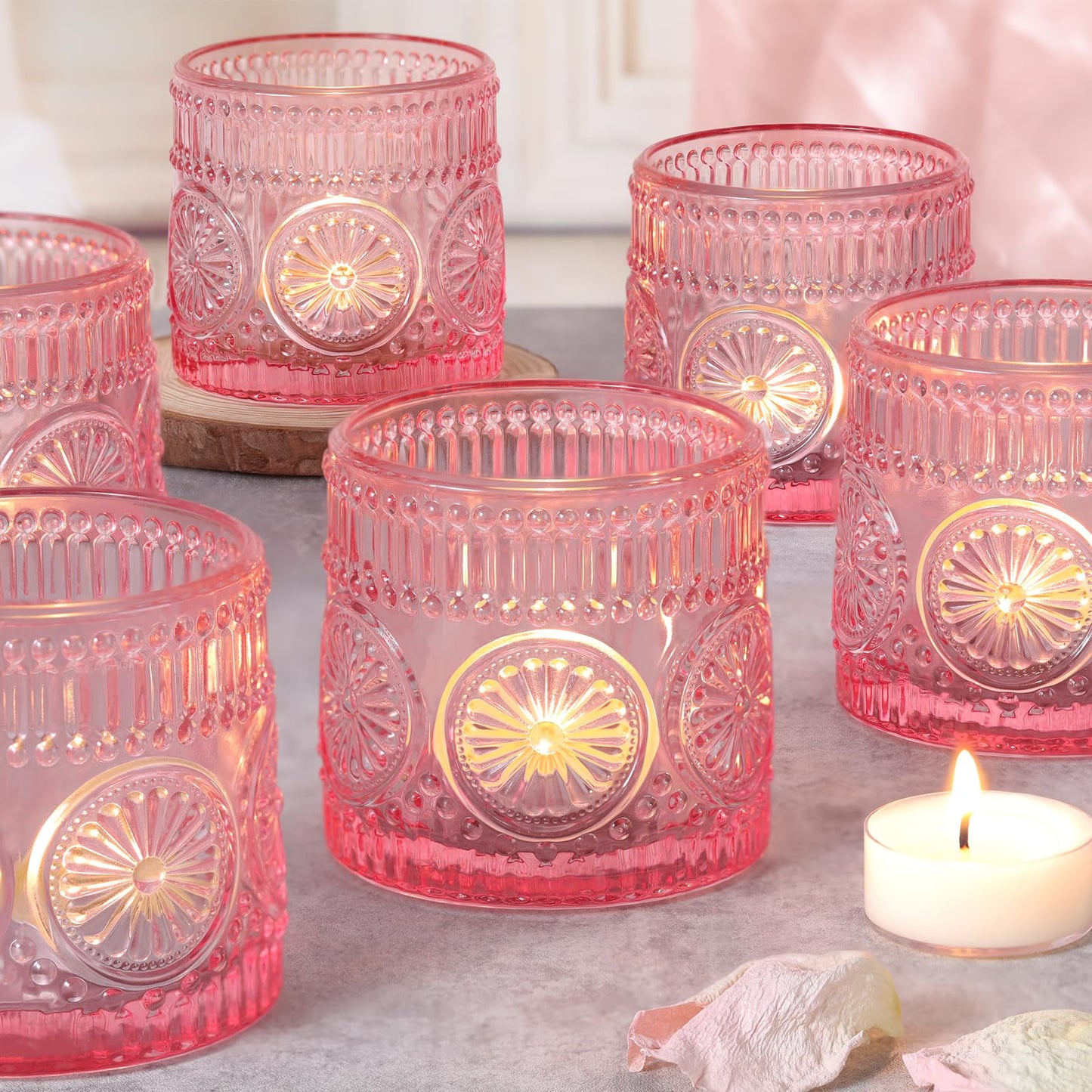 Sunnyfuture 6Pcs Large Votive Candle Holders Pink Glass Tealight Candle Holders for Wedding, Table Centerpiece, Party, Birthday, Home Decor