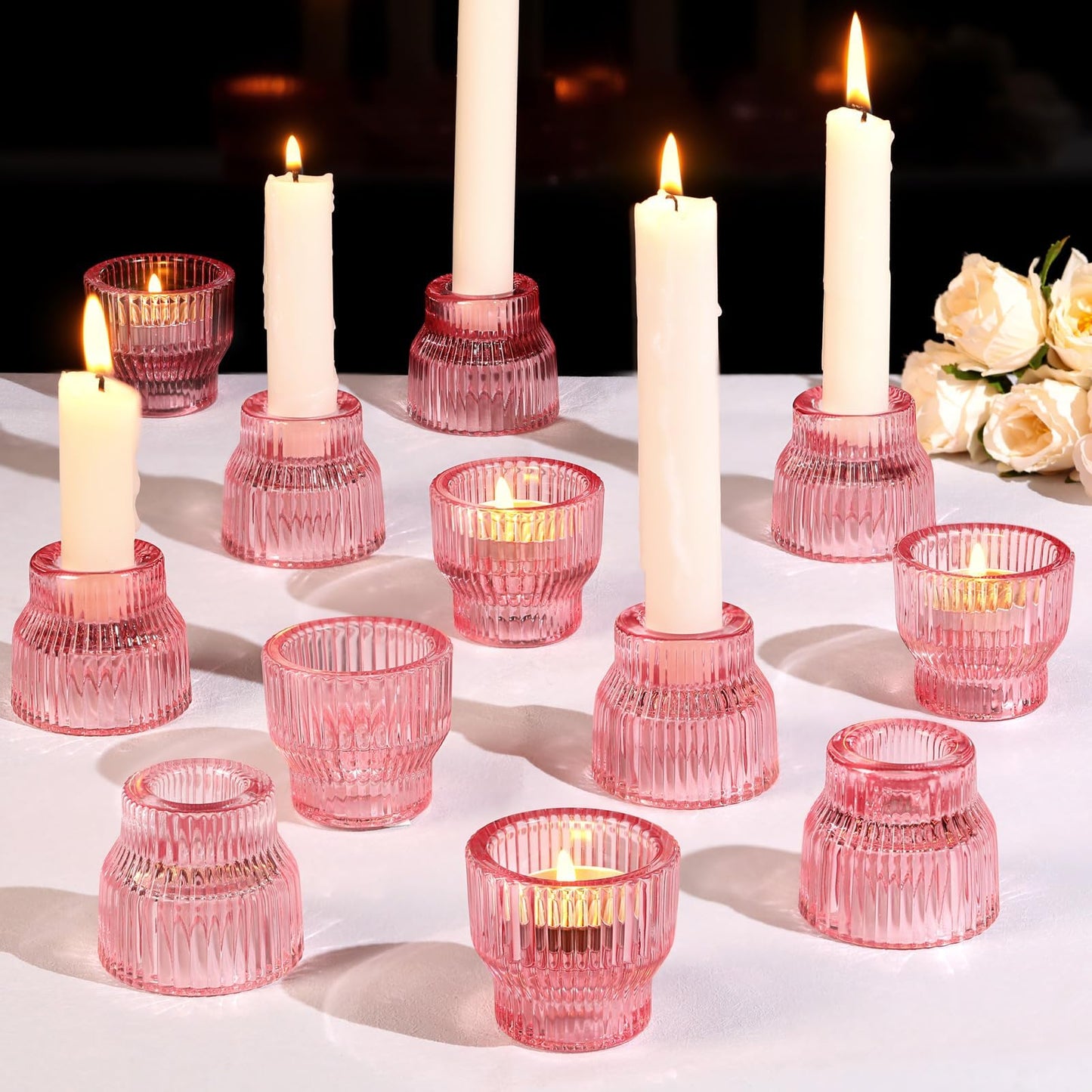 HAVITI 12 Pack PinkTaper Candle Holders, Glass Candlestick Holders, Tea Light Candle Holder for Fall Wedding Centerpieces Table Decorations, Votive Candle Holders for Table Decor