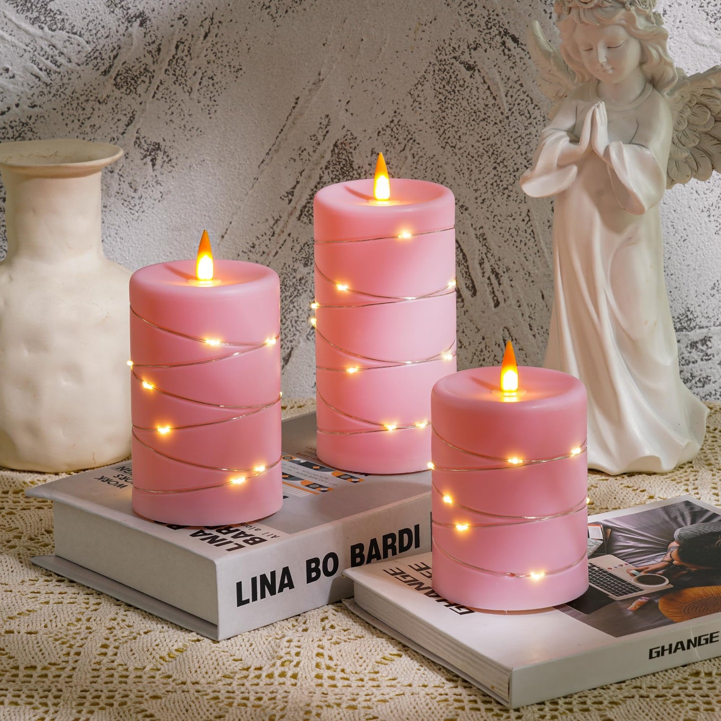 Fanzir Rose Pink Flameless Candles with String Lights Battery Operated Flickering LED Pillar Candles with Remote Control Timer, Set of 3 for Living Room, Table Décor, Christmas Weddings