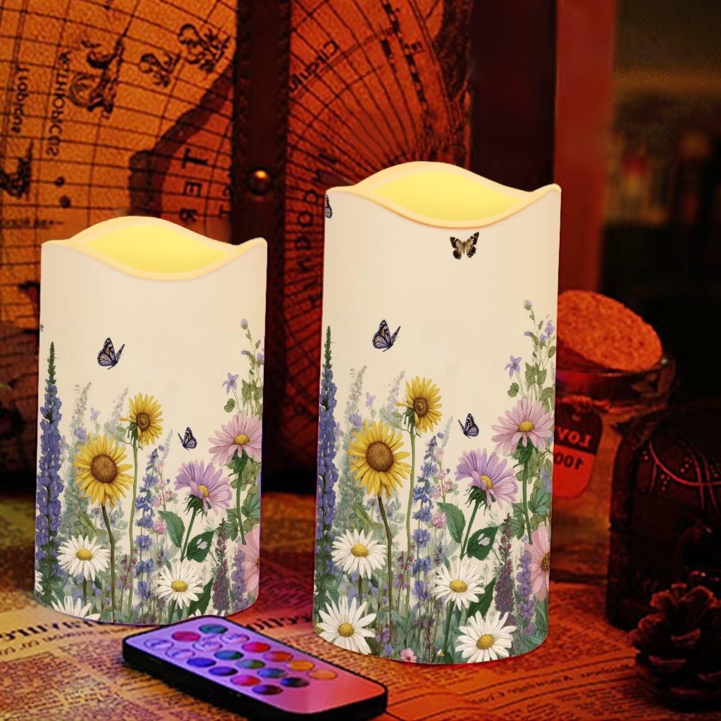 Cozeyat Daisy Field Garden Party Flameless Candles 4 Pack Battery Operated LED Pillar Candles with Remote Timer Flickering Waterproof for Indoor Outdoor Use