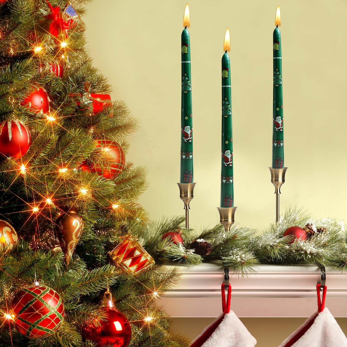 2 Pack greenTaper Candle 10 Inch Candles,Candlesticks Unscented Tapered Candl Set for Decor Wedding Party Dinner,Valentine's Day,Various Festivals to Celebrate (A Printed Candle, Dark Green)