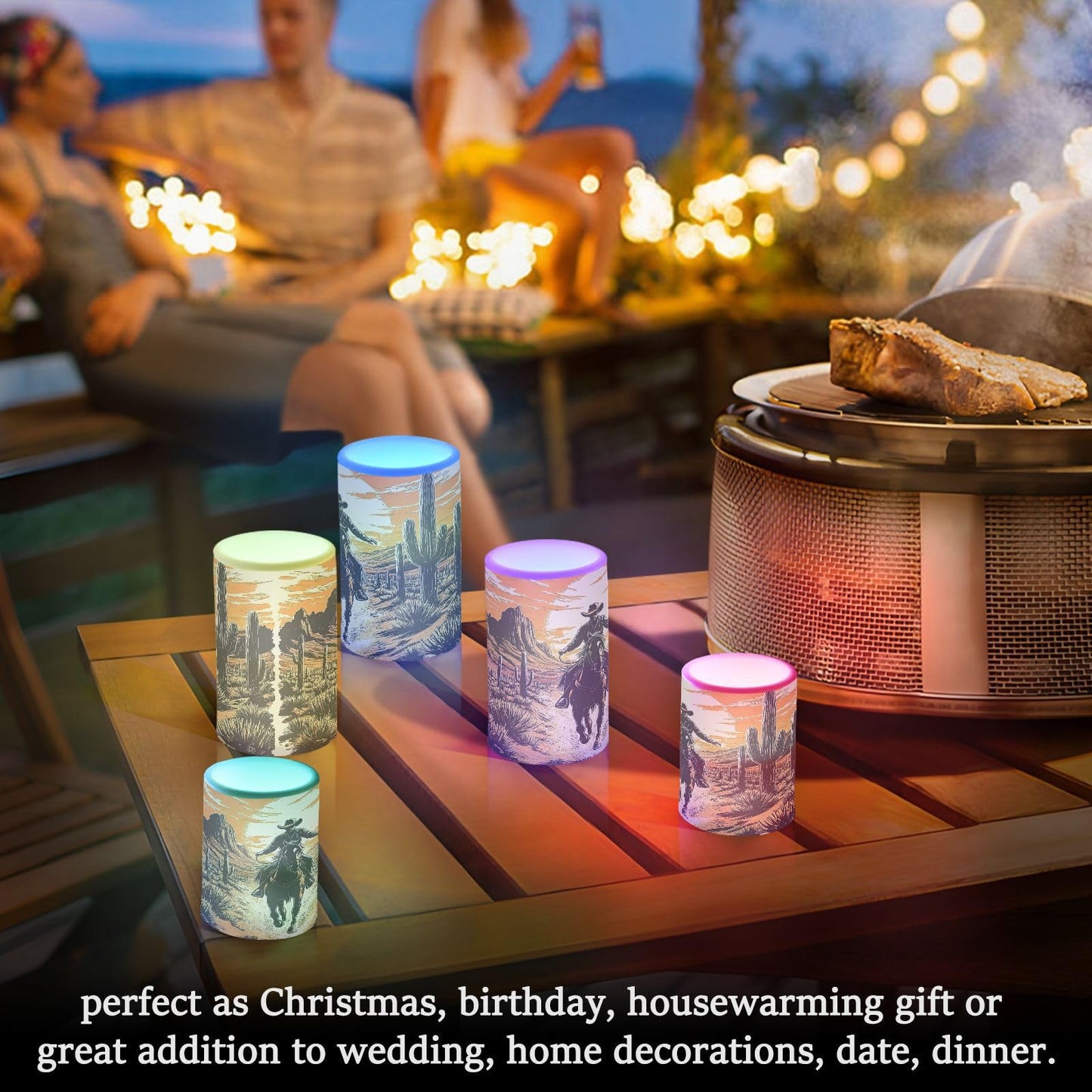 ALAZA Flickering Flameless Candles Western Cowboy Sunset Desert Cactus Battery Operated Candles with Remote Timer LED Pillar Votive Candles Set of 2 for Holiday Decor