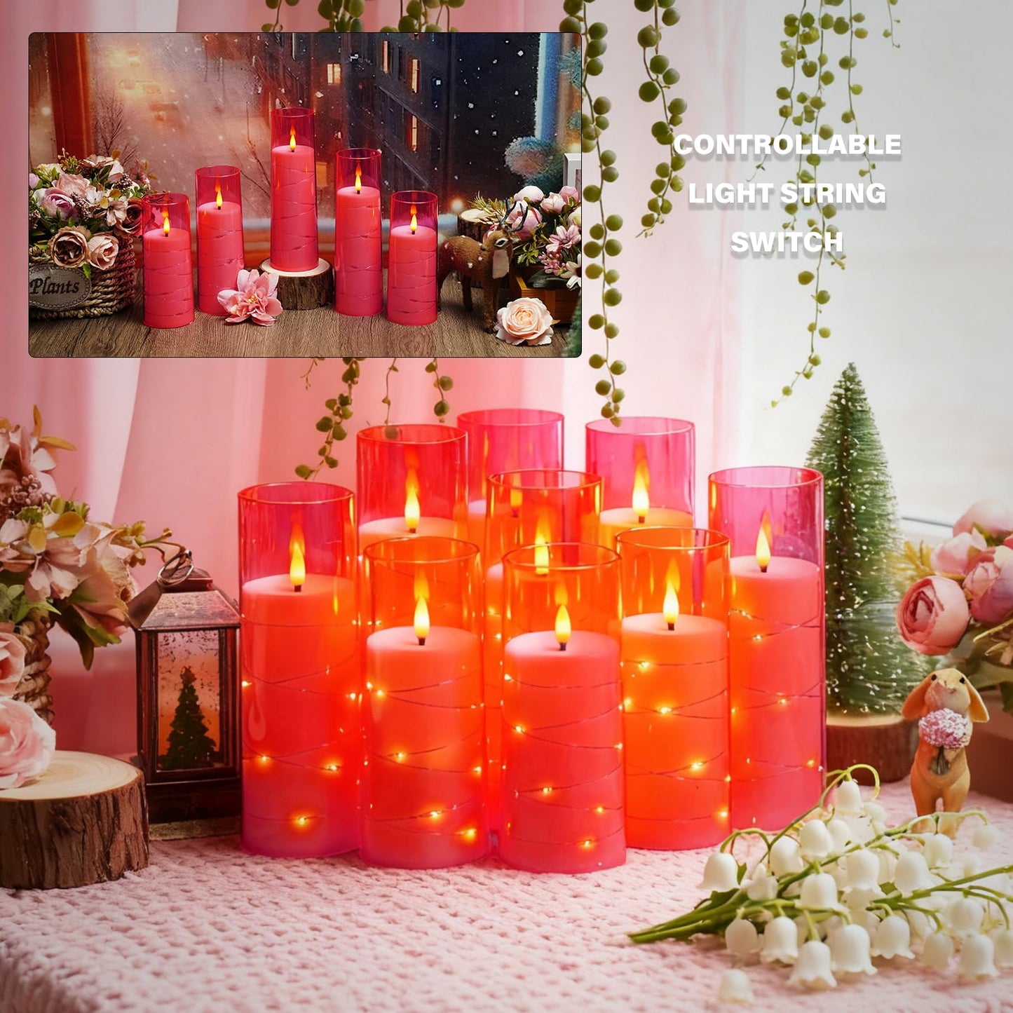 kakoya Flameless LED Candles with Timer 9 Pc Flickering Flameless Candles for Romantic Ambiance and Home Decoration Stable Acrylic Shell,with Embedded Star String，Battery Operated Candles(Pink)