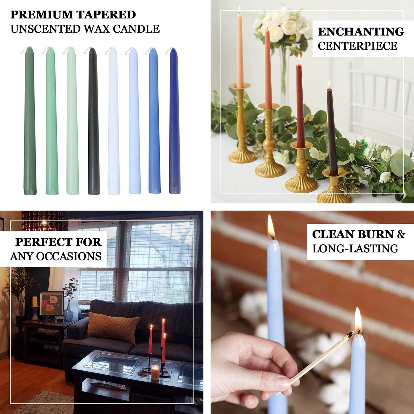 Tableclothsfactory 10" Tall Premium Quality Dripless Unscented Dusty Blue Taper Candles Wedding Dinner Candles for Wedding Decoration Set of 12