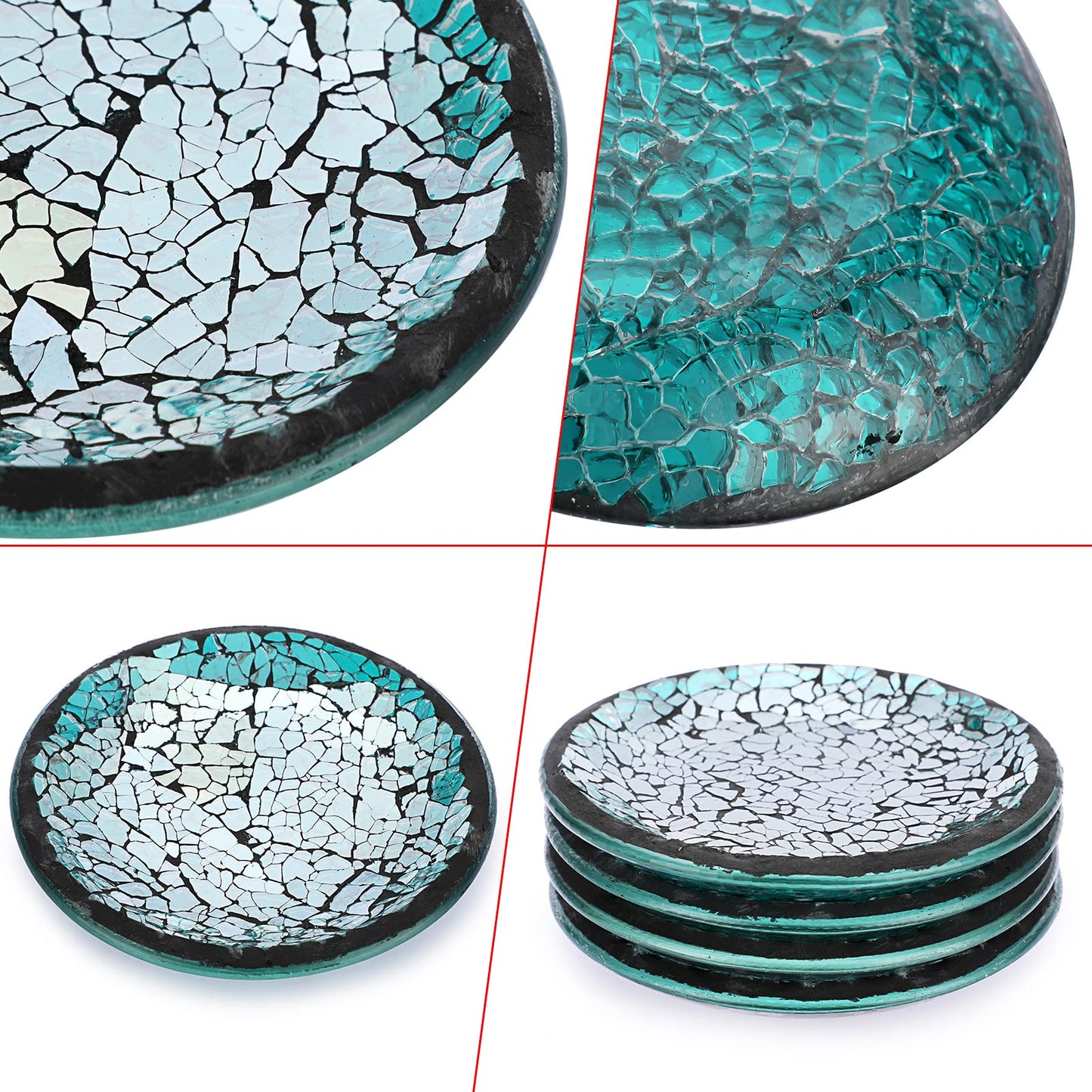 OwnMy 4PCS Mosaic Glass Candle Plates and Trays 4 Inch Pillar Candle Stands, Glass Mosaic Coasters Decorative Candle Holder Bases for Wedding Table Centerpiececs, Blue