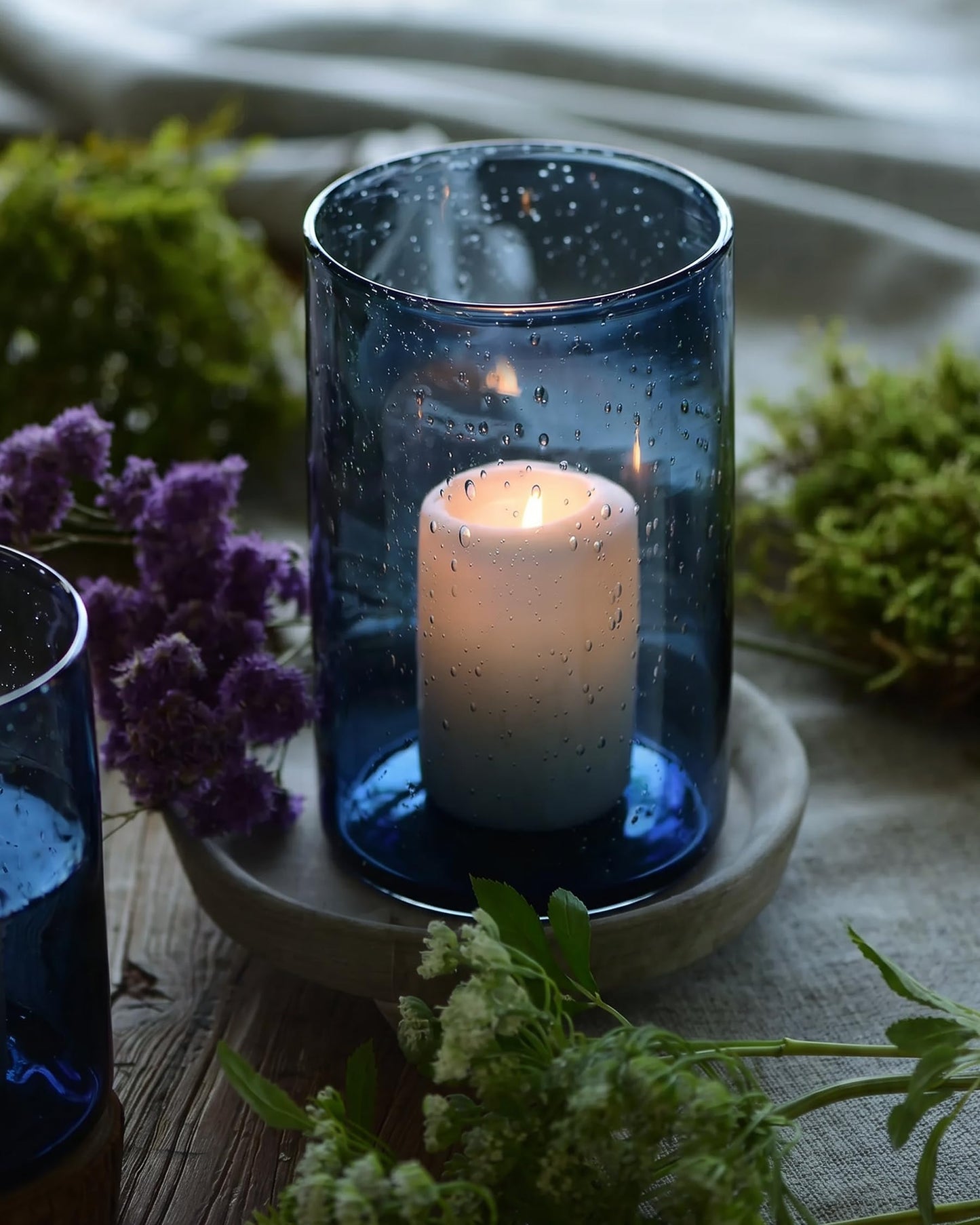ARIAMOTION Glass Hurricane Candle Holder for Pillar Blue Cylinder Vase Flower Centerpiece Seeded Bubbles Modern Table Decoration for Kitchen Living Room 8 Inch 5 inch Diam