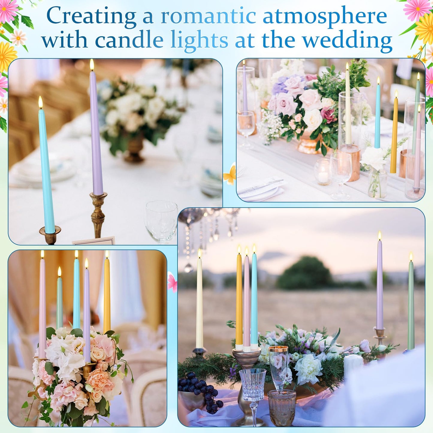 Macarrie 24 Packs Flameless Taper Candles Battery Operated Fake 11 Inch Long Candlelight LED Flameless Candlesticks Flickering Tapered for Spring Summer Wedding(Spring Wedding)