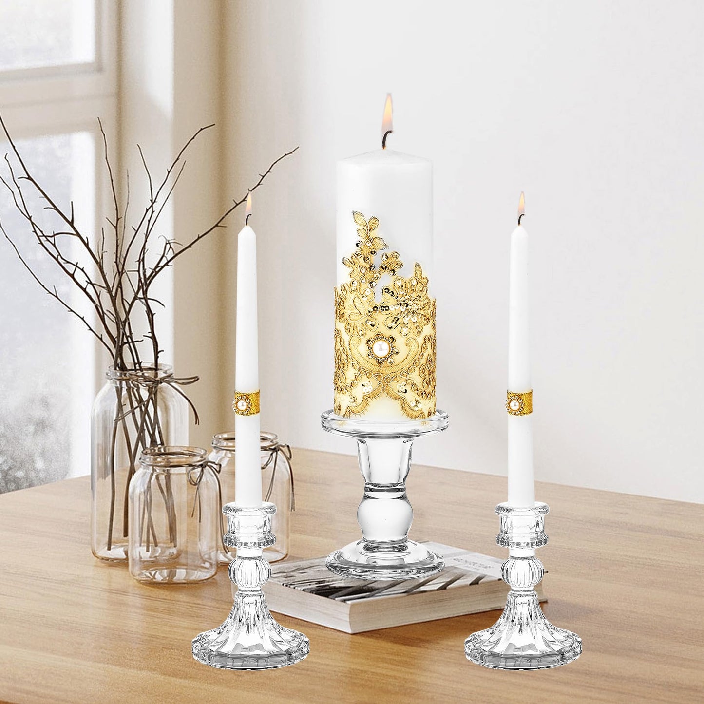 Unity Candle Holder - Glass Candle Holders for Pillar Candles Taper Candles, Glass Candlestick Holders Set of 3, Decorative Clear Glass Candlestick Holder for Wedding Table Dinning Church Centerpiece