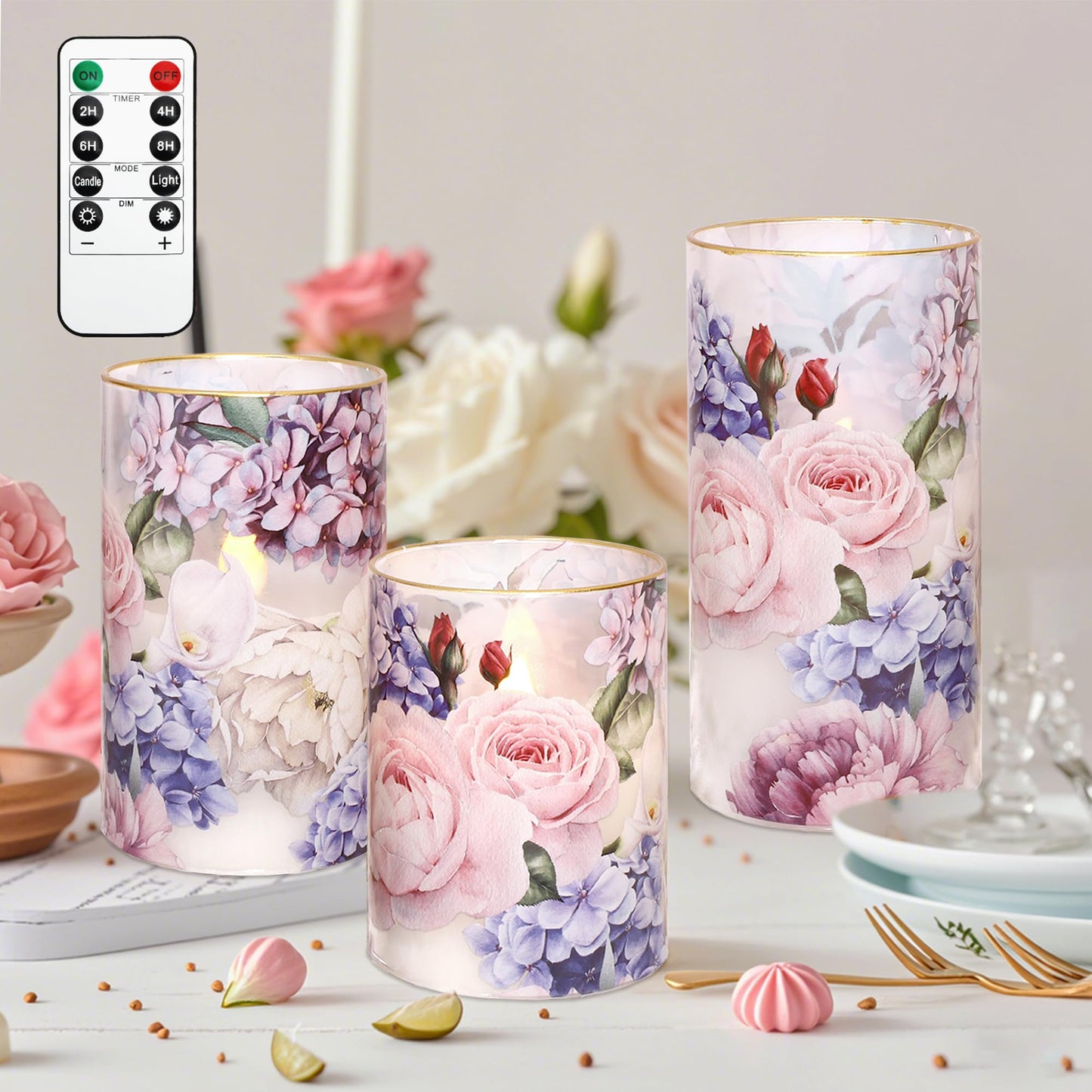 Silverstro Hydrangea Rose Flameless Candles with Remote Control & Timer Function - Real Wax Glass Battery Operated Candles - Home Farmhouse Holiday Christmas Valentine's Day Decorations - Set of 3
