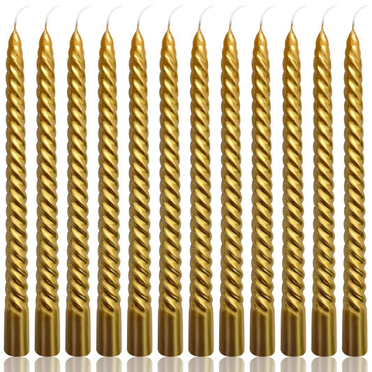 10 Inch Gold Spiral Taper Candles Set for Christmas, 12 Pack Unscented Twisted Candlesticks, Dripelss Thin Tapered Candles for Holiday Party Decoration