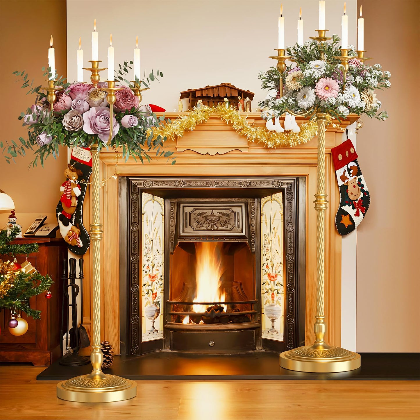 mopam 2 Pcs Floor Candelabra 50 Inch Gold Candelabra Centerpiece 5 Arms Floor Standing Candelabra Gold Candlestick Holder Antique Candle Holder Decorative for Party, Ceremony, Wedding (Line Styling)