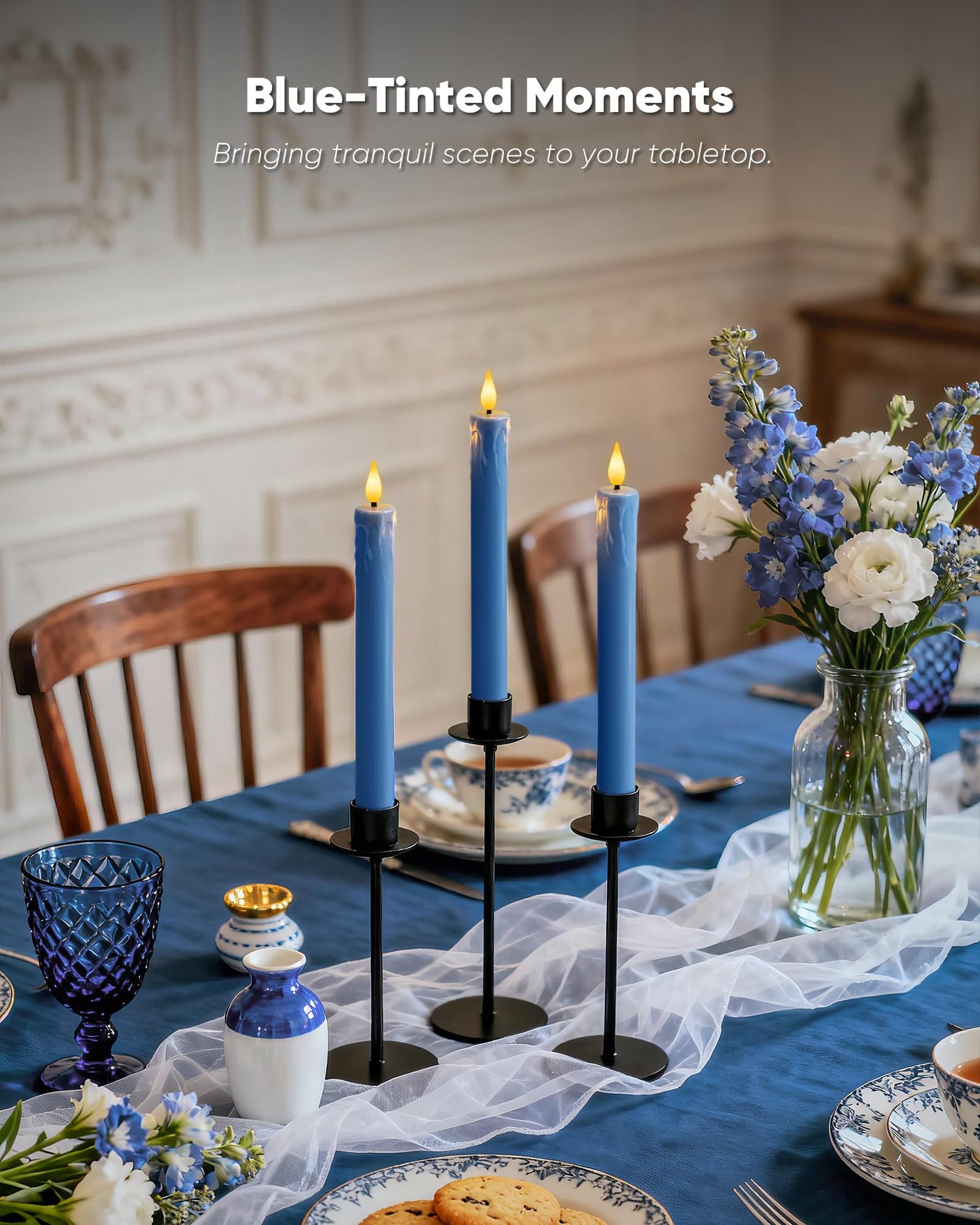 Homemory 6 Pcs Real Wax Blue Flameless Taper Candles with Remote Timer, 9.6 Inches LED Fake Candlesticks, LED Candle with 3D Flickering Flame for Romantic Wedding, Dinner, Xmas Anniversary Decor