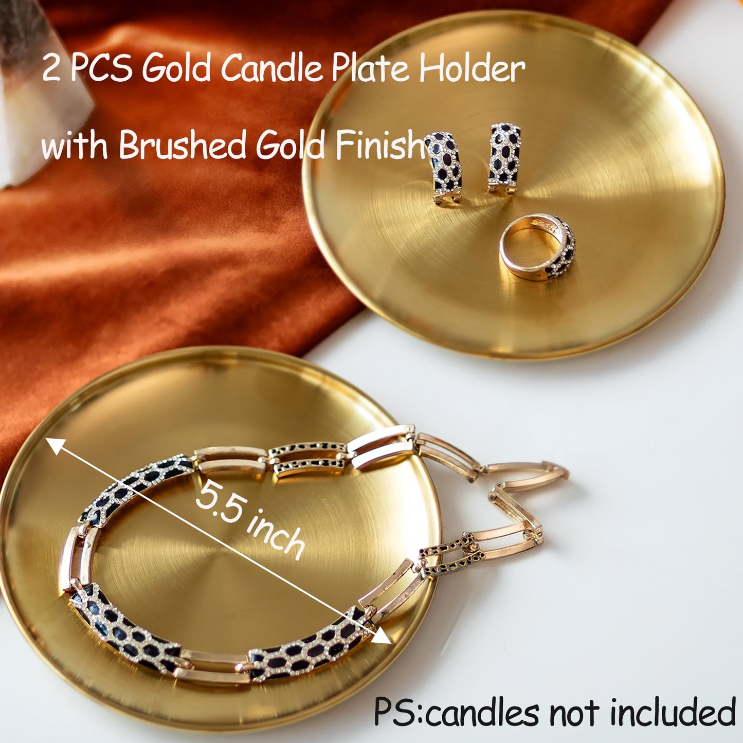 Romadedi Gold Pillar Candle Holders Decor - 5.5 Inch Round Candle Tray Decorative Brass Metal Plate Candle Srand for 3 Wick Candles Jars for Coffee Table Countertop Home Decorations, Set of 2