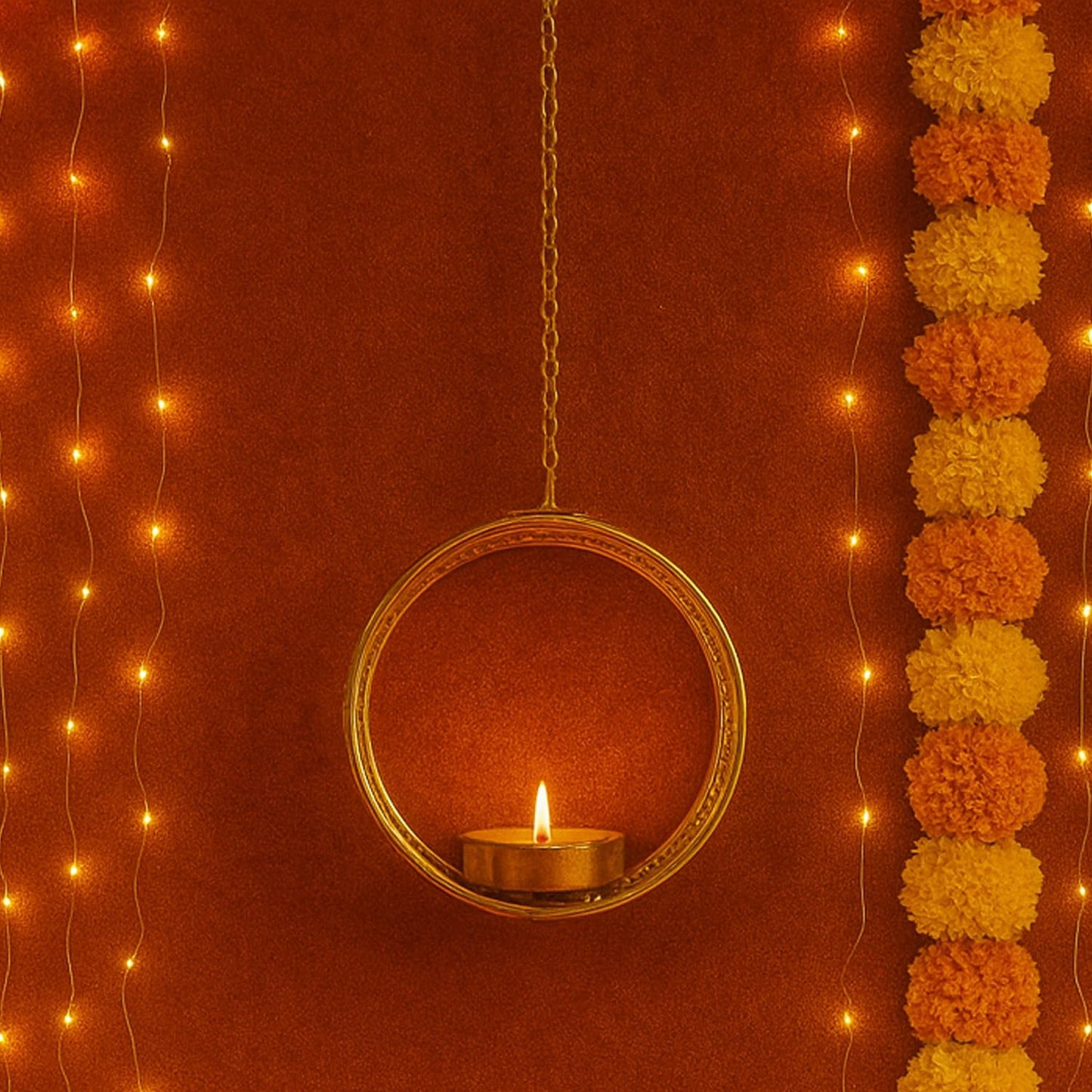 Go Hooked Hanging Round Metal Tealight Candle Holder with Chain Set of 3pcs Handcrafted Floral Cut Design Candle Stand for Diwali, Mandir, Table Décor – Matte Gold Finish Decorative Diya Holder