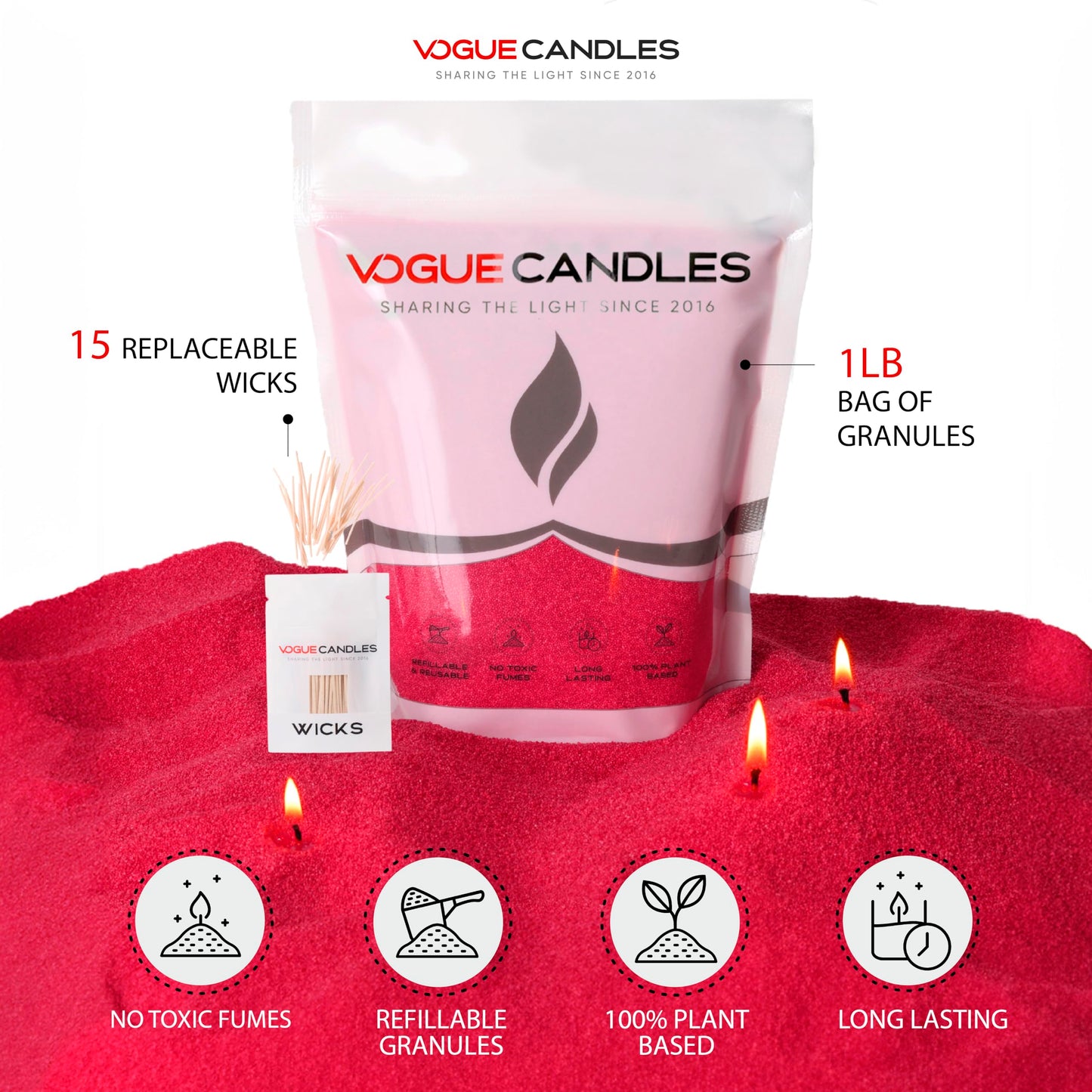 Vogue Candles Red Pearled Candle Sand Wax (1 LB) – Sand Candle Kit w/15 Cotton Wicks for DIY Home Lighting – Plant-Based & Reusable Wax Granules Refill for Custom Vessels, Décor and Father’s Day Gifts