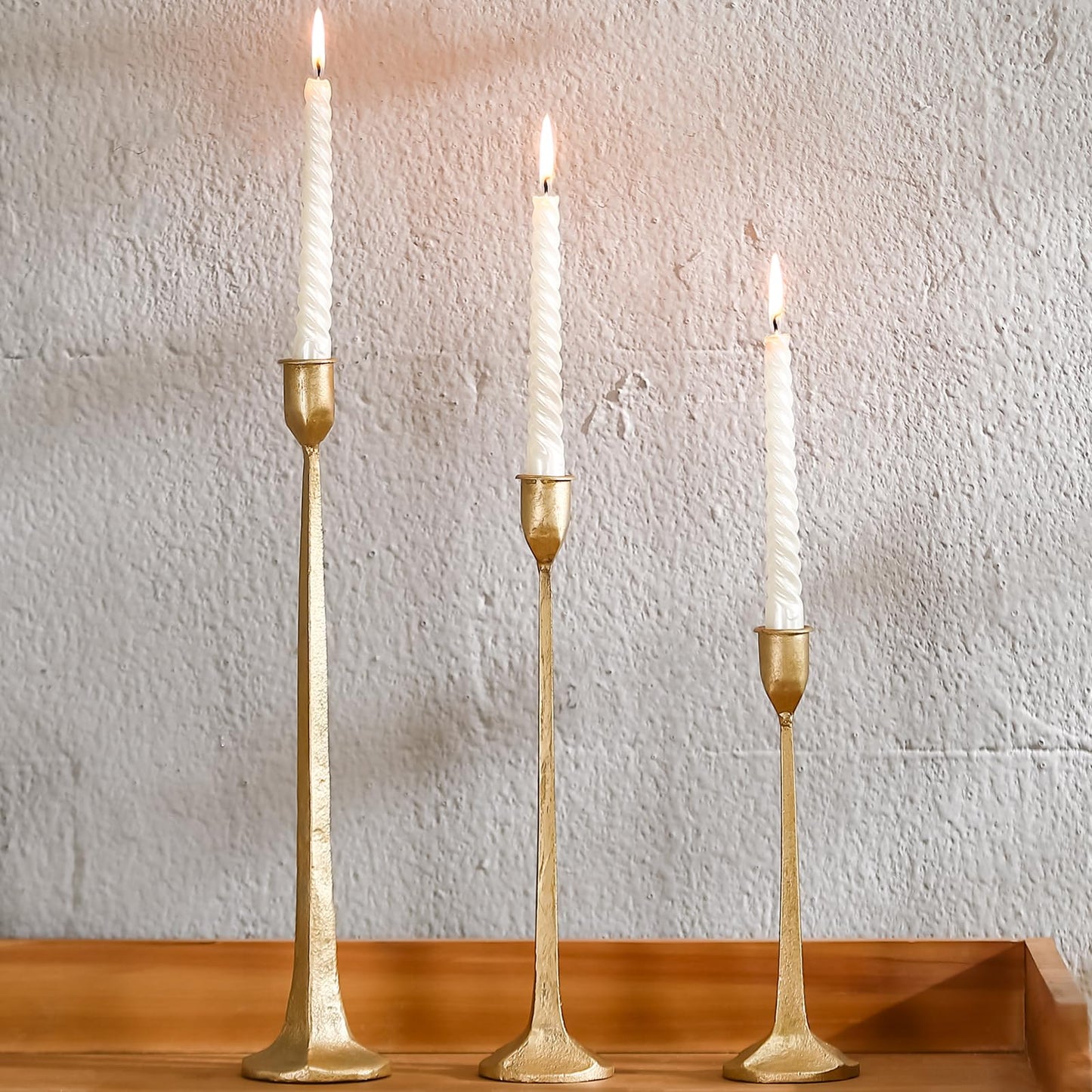 Gold Taper Candle Holders Set of 3, Heavy Candlestick Holders Decorative Candle Stand for Table Centerpiece, Cast Iron Candle Stick Holder Decor