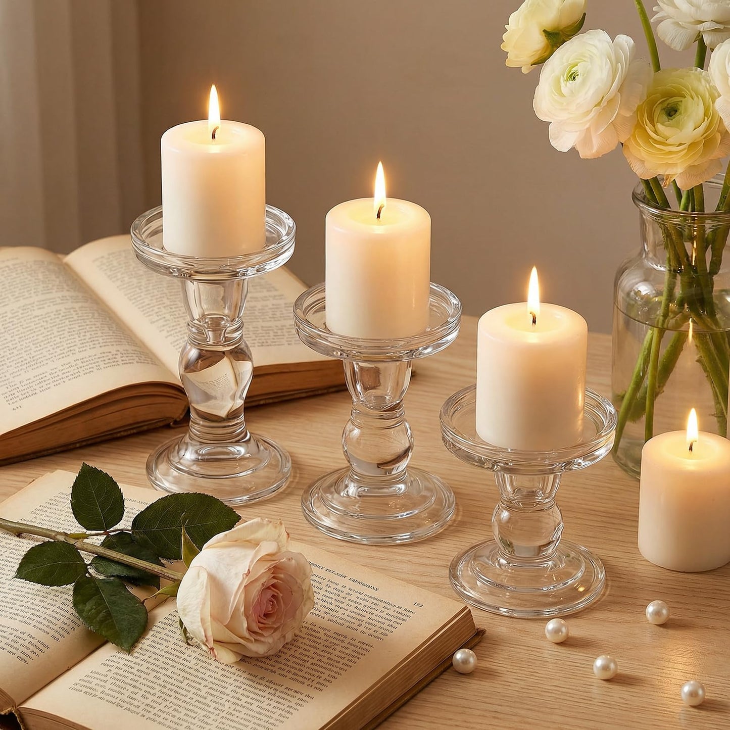 Okllen Set of 6 Glass Candle Holders, Clear Pillar Taper Candlestick Crystal Tealight Candle Holder Stand for Dinner Table, Wedding Centerpieces, Living Room, Home Decor
